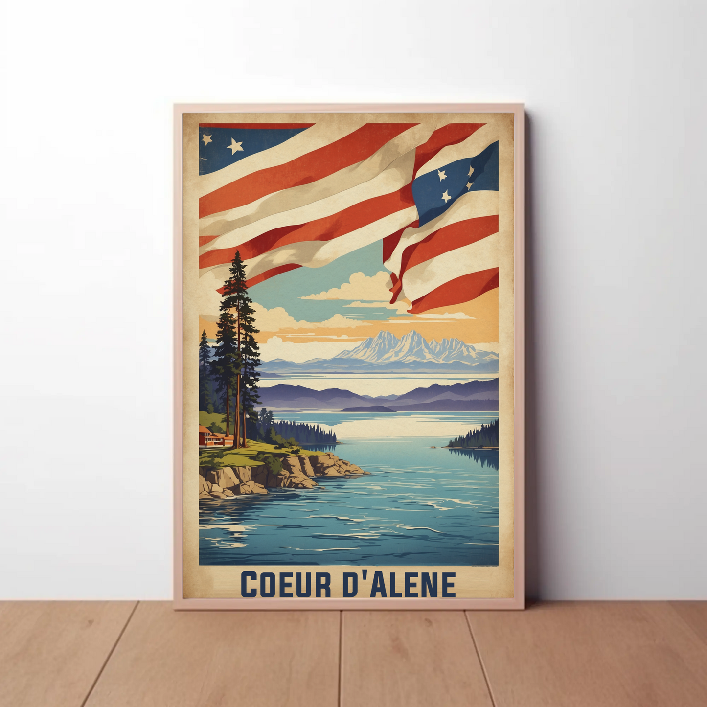 Coeur d'Alene Idaho Lake Mountains Flag Vintage Travel Poster