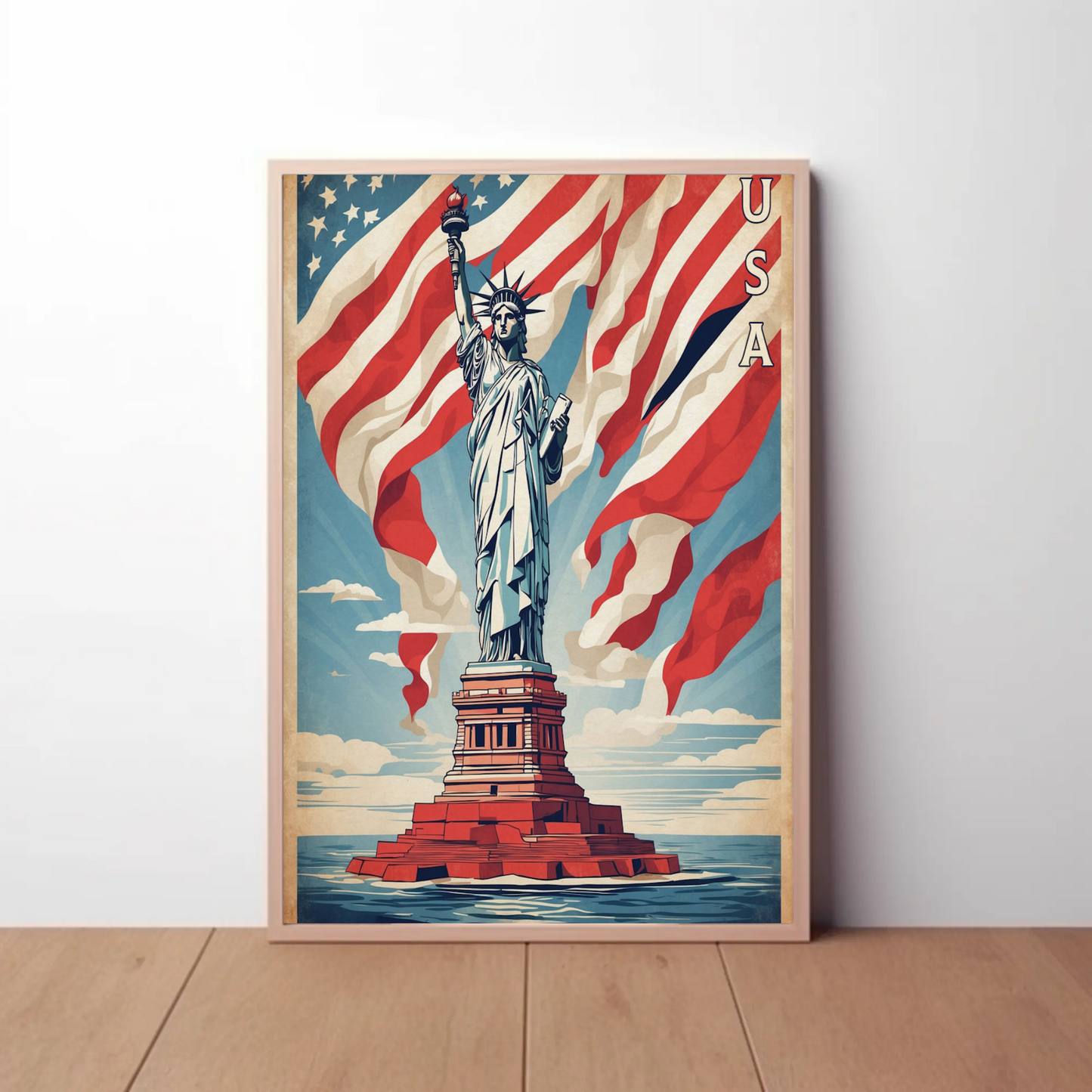 Liberty Statue American Flag Waves Vintage Travel Poster