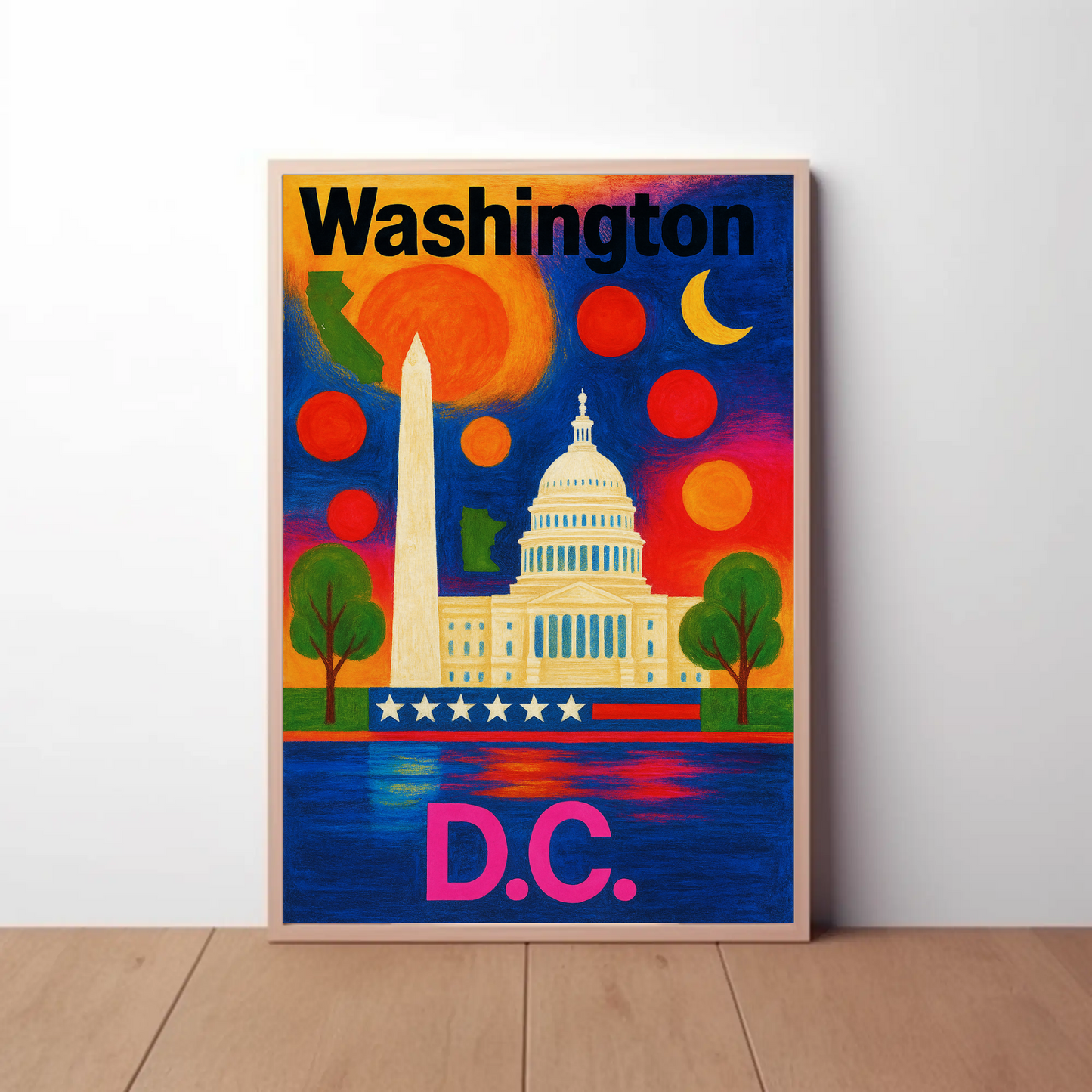 Washington DC Capitol Monument Patriotic Night Vintage Travel Poster