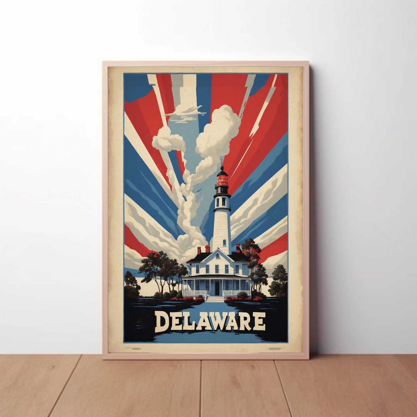 Delaware Lighthouse Patriotic Rays Vintage Travel Poster
