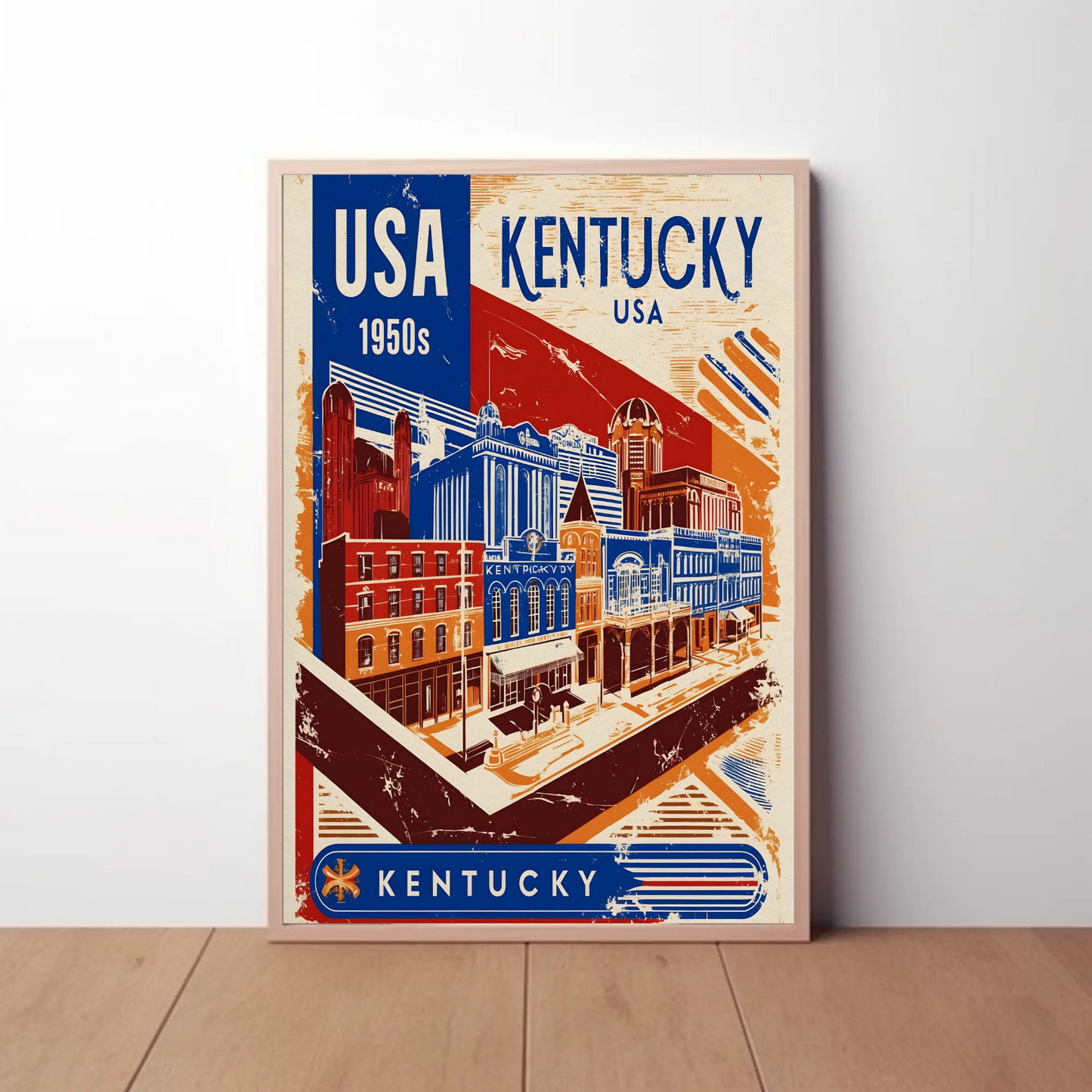 Kentucky USA 1950s Downtown Streets Vintage Maroon Travel Poster