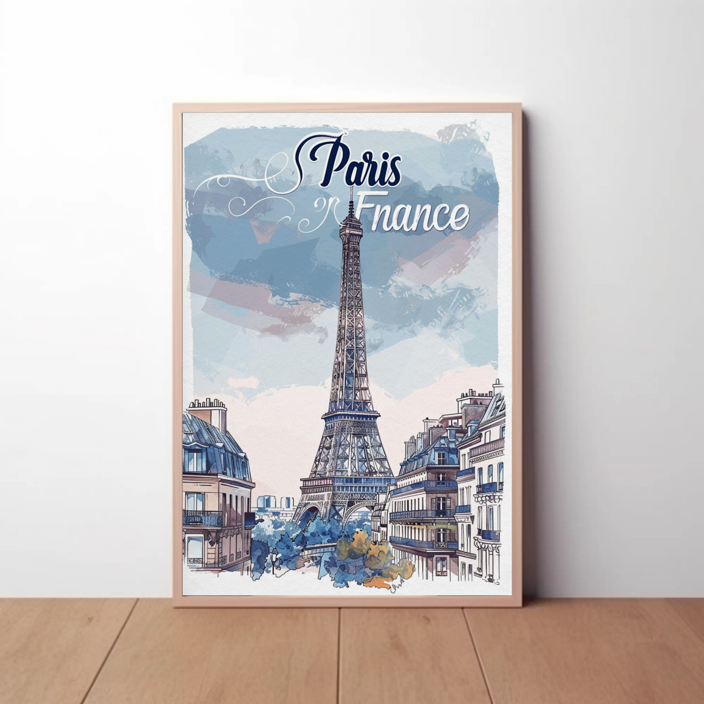 Paris France Watercolor Eiffel Tower View