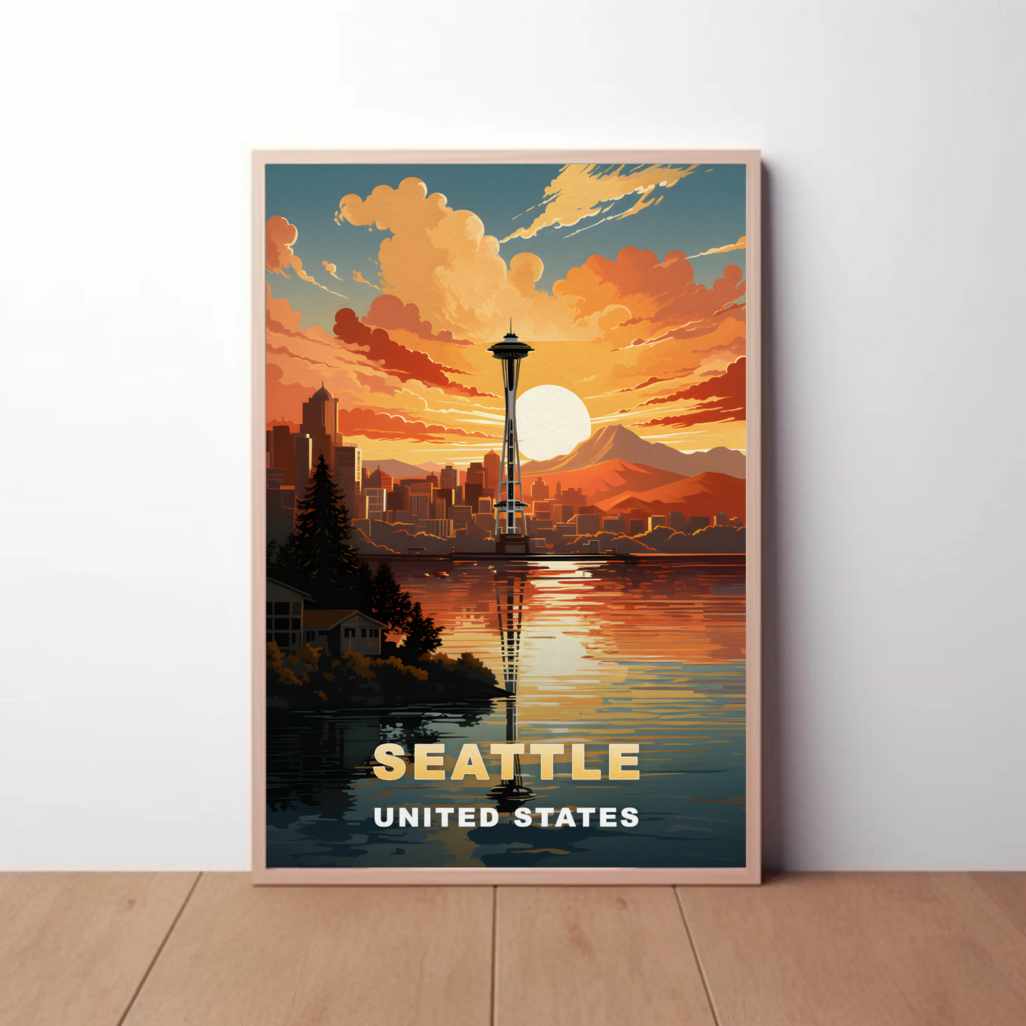 Seattle Washington Space Needle Sunset Vintage Travel Poster