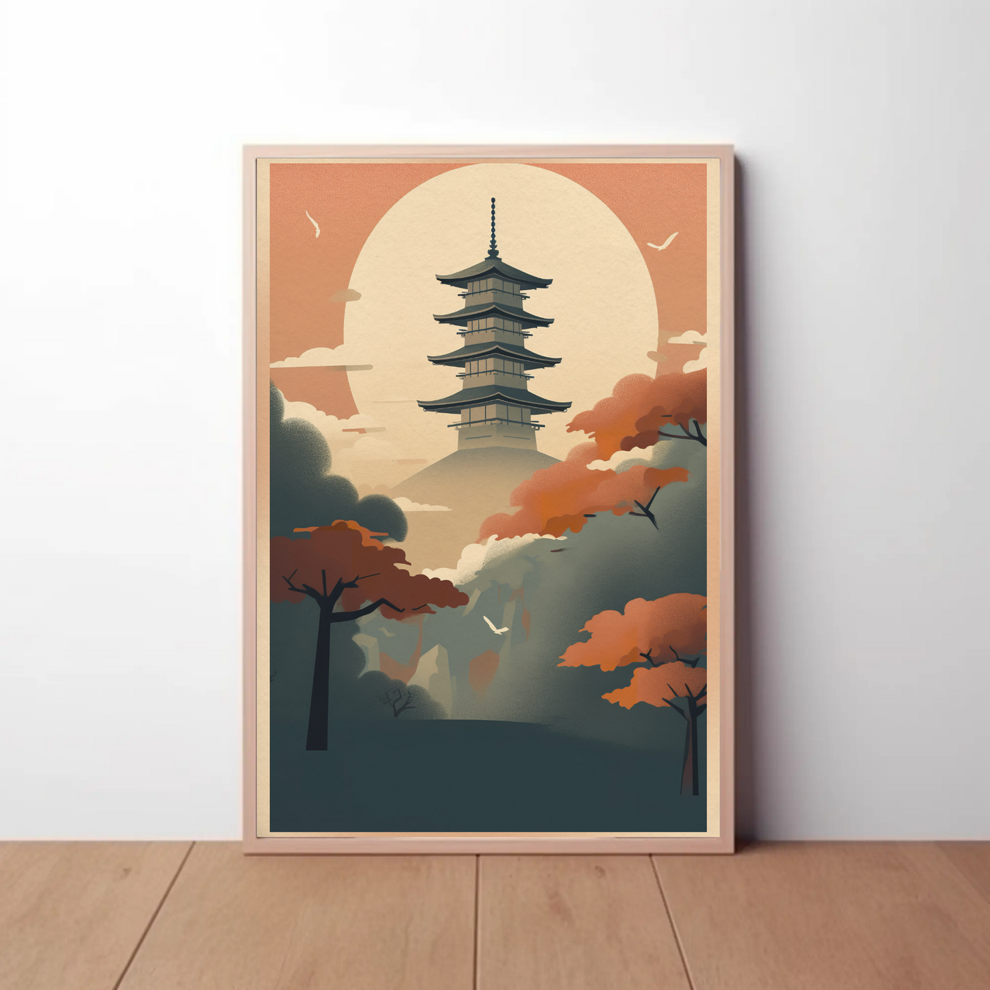 Sunset Pagoda Japan Mountain Haze Vintage Travel Poster