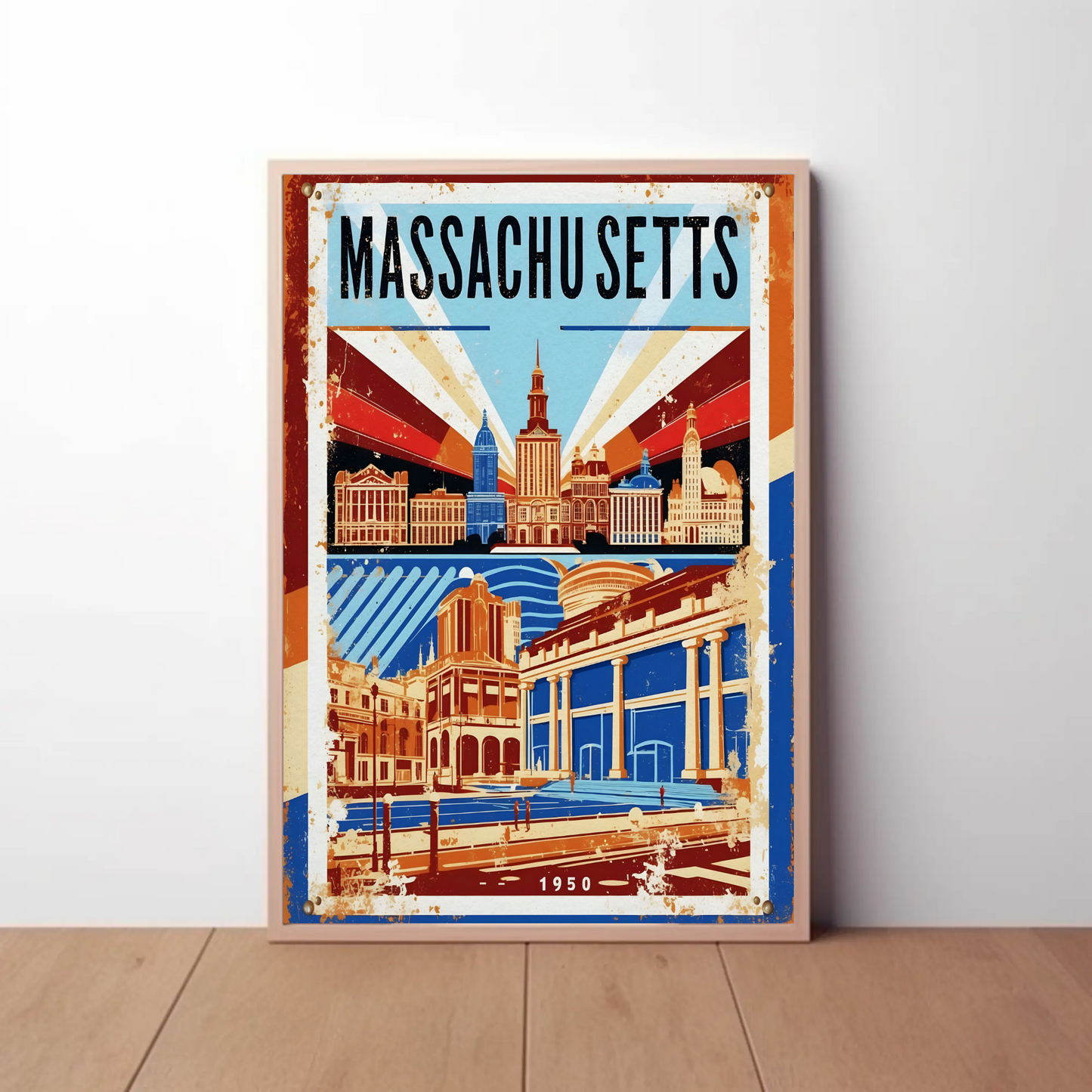 Massachusetts USA 1950 Capitol Skyline Vintage Travel Poster