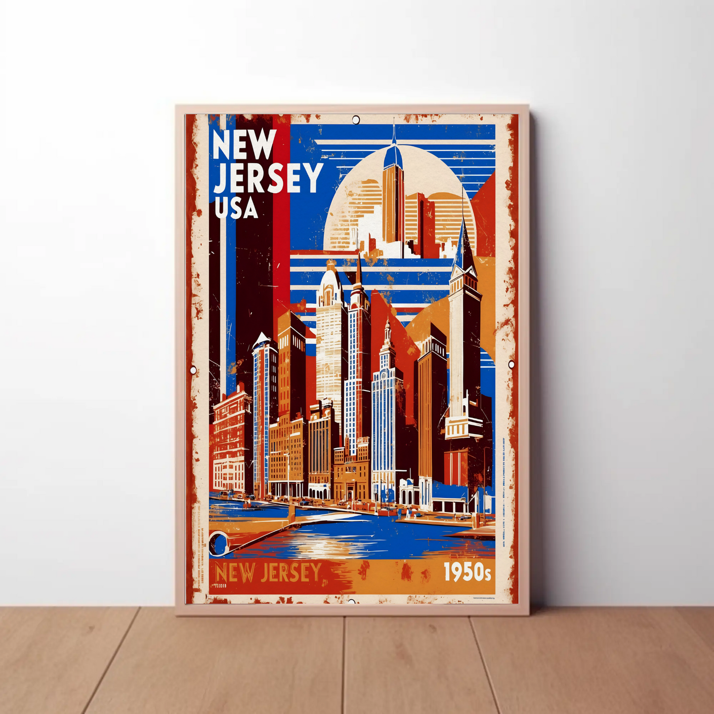 New Jersey USA 1950s Waterfront Skyline Vintage Travel Poster