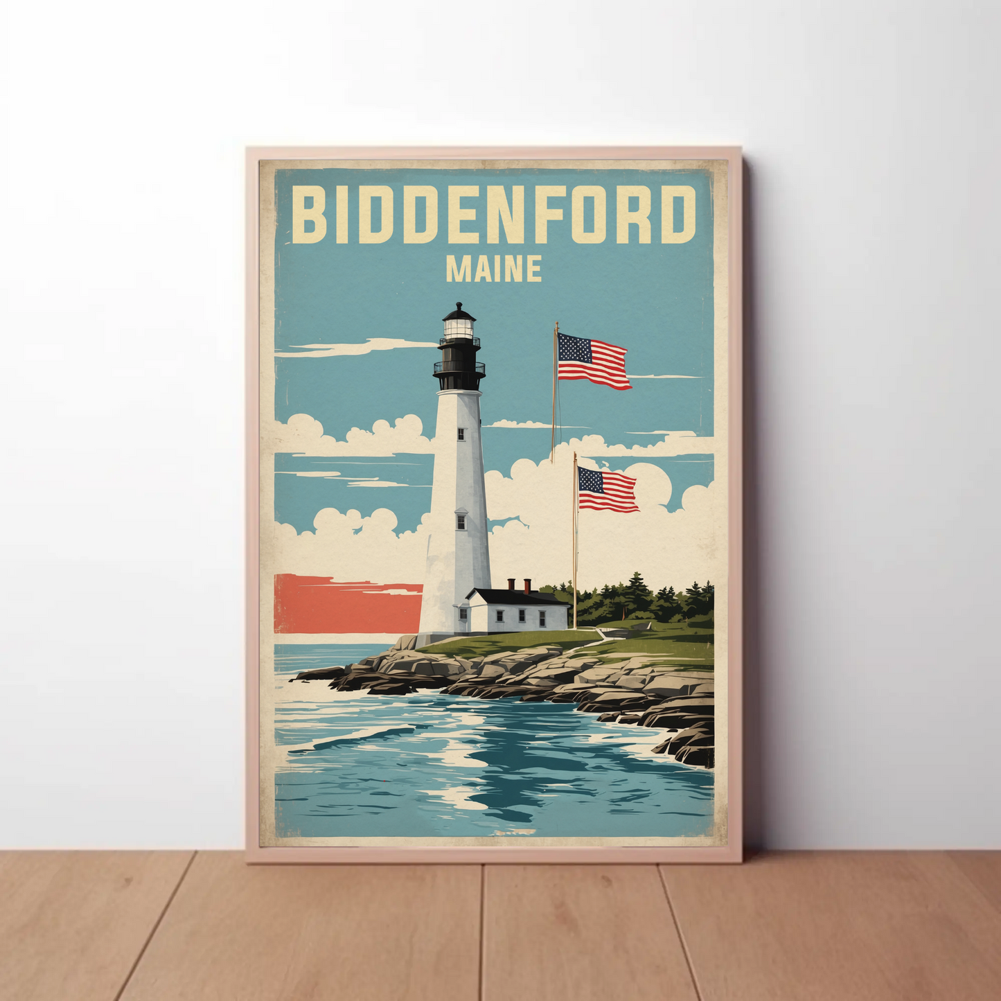 Biddeford Maine Seaside Lighthouse Vintage Travel Poster
