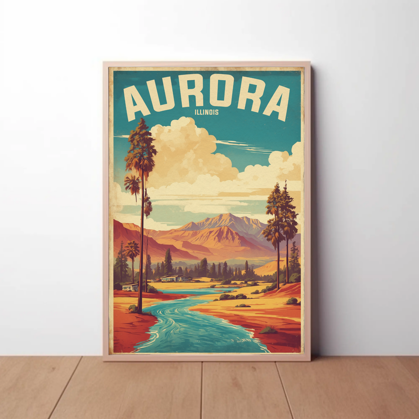 Aurora Illinois River Horizon Vintage Travel Poster