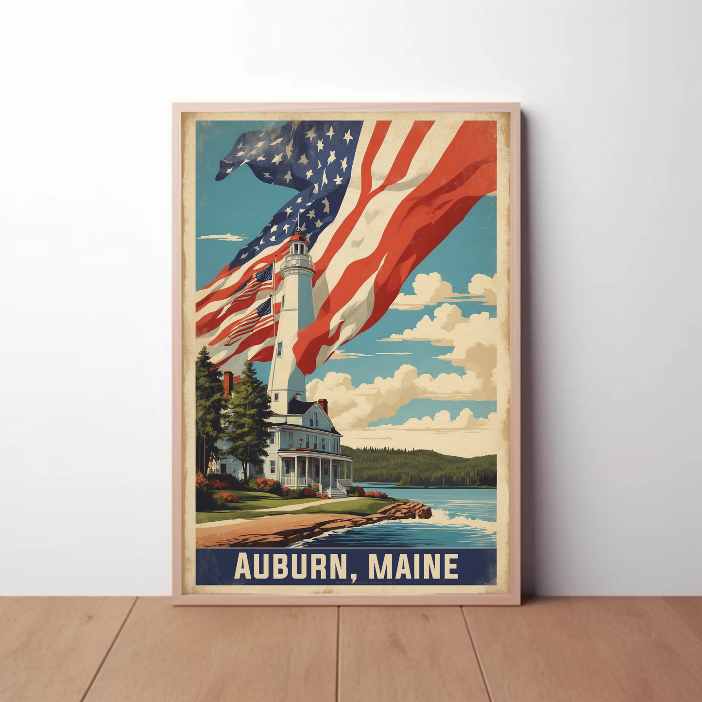 Auburn Maine Lighthouse Coastal Home Vintage Travel Poster
