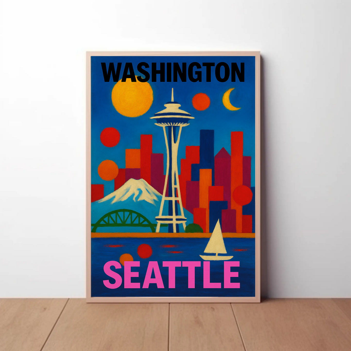 Washington Seattle Space Needle Mountains Sunset Vintage Travel Poster