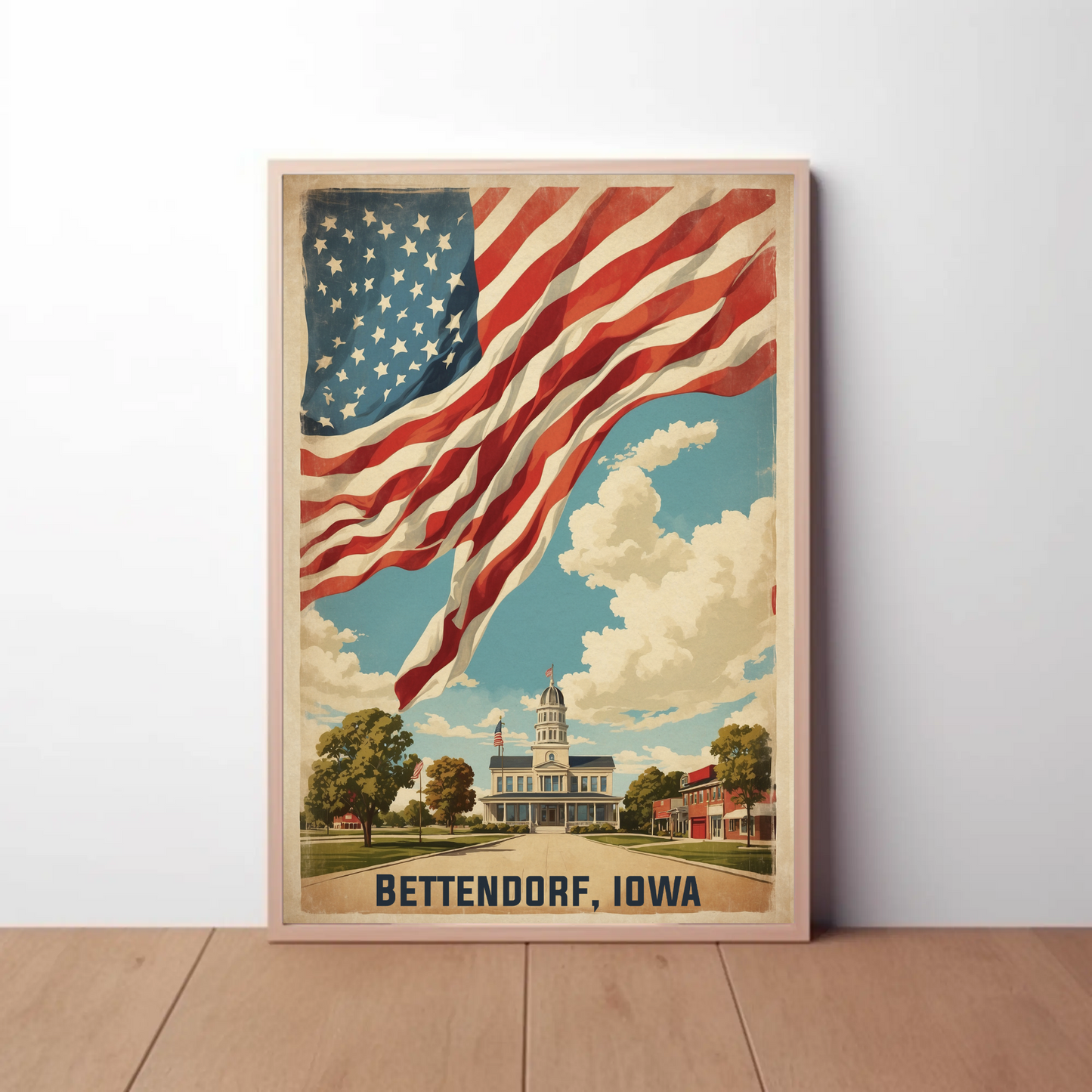 Bettendorf Iowa Town Hall Vintage Travel Poster