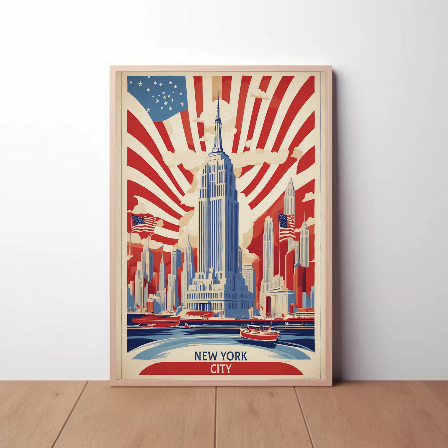 New York Empire Skyline Flags Vintage Travel Poster