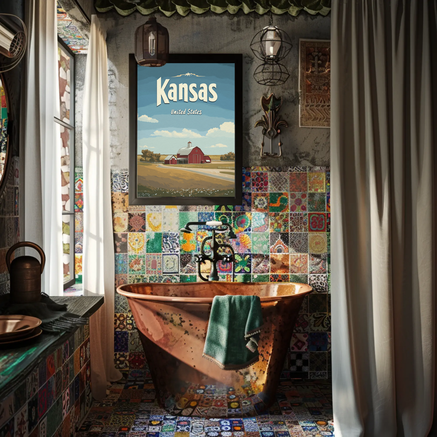 Kansas Farmstead Flat Design Vintage Poster
