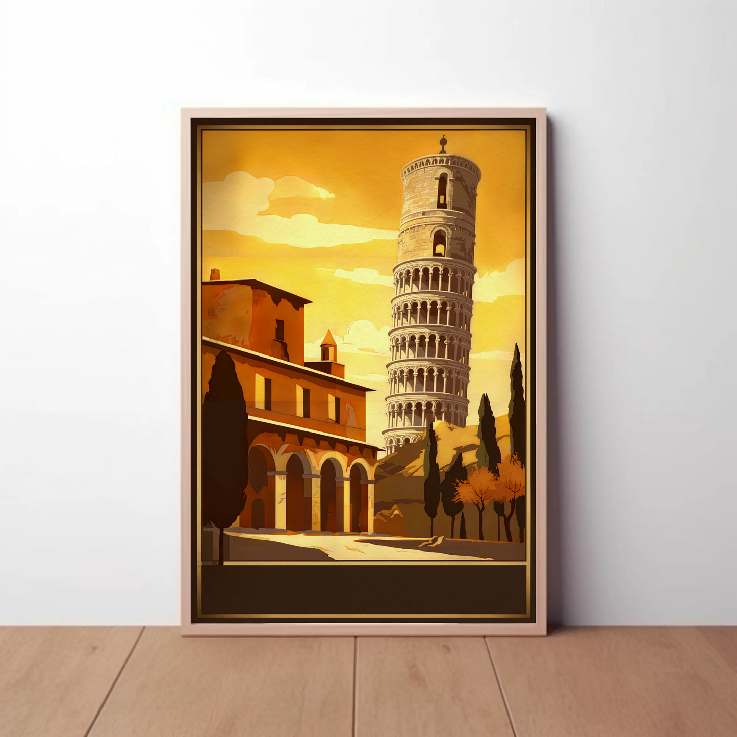 Italy Pisa Leaning Tower Sunset Sky Vintage Travel Poster