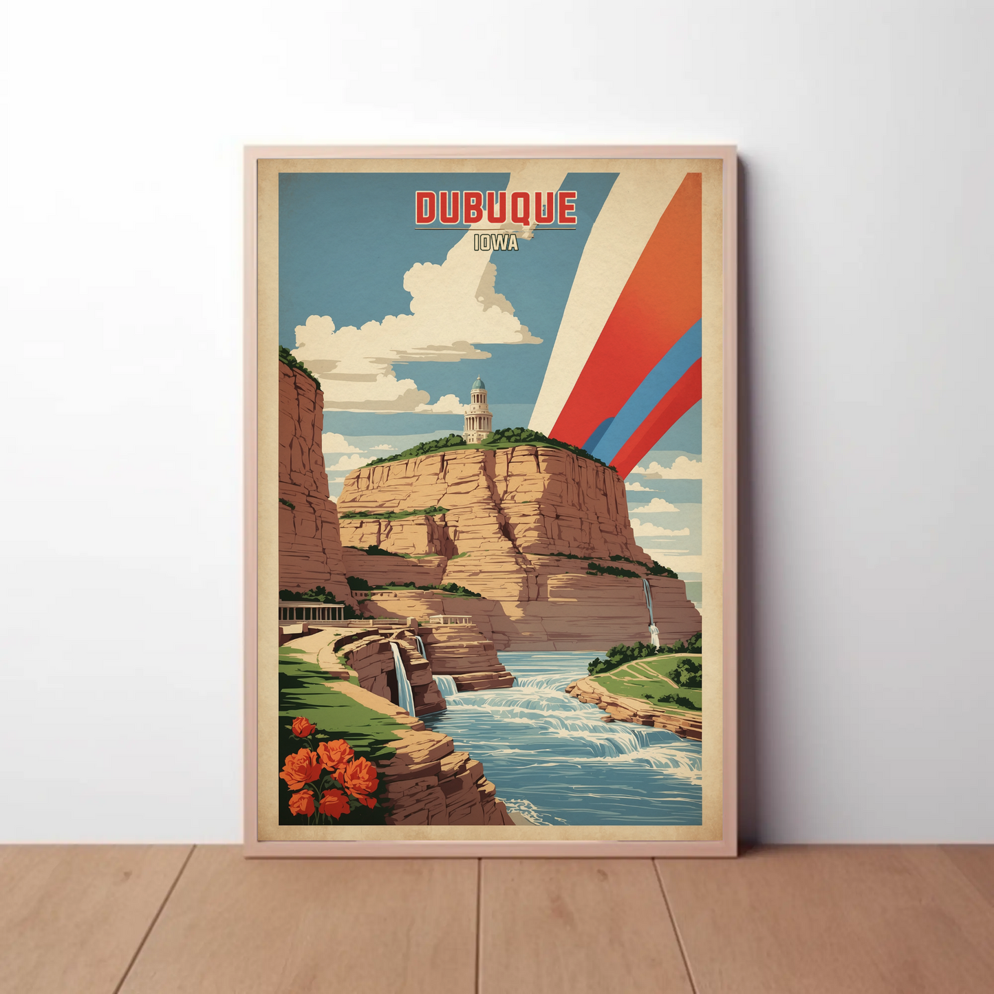 Dubuque Iowa Canyon River Tower Vintage Travel Poster