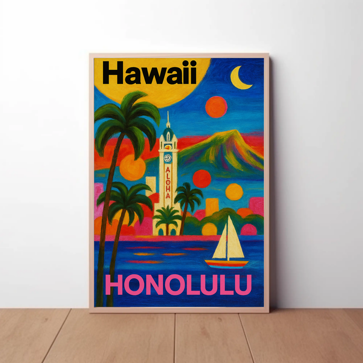 Honolulu Hawaii Skyline Retro Vintage Travel Poster