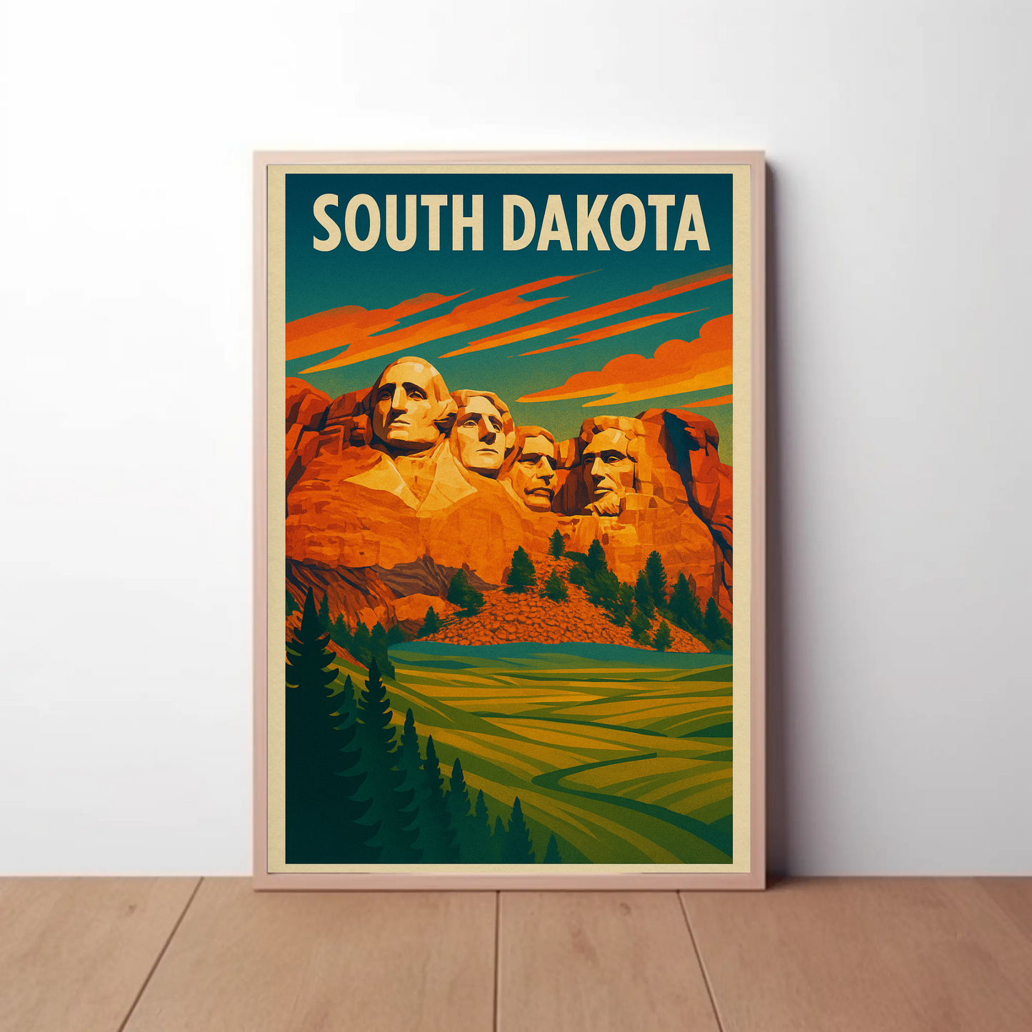 Mount Rushmore Sunset Field South Dakota Vintage Travel Poster
