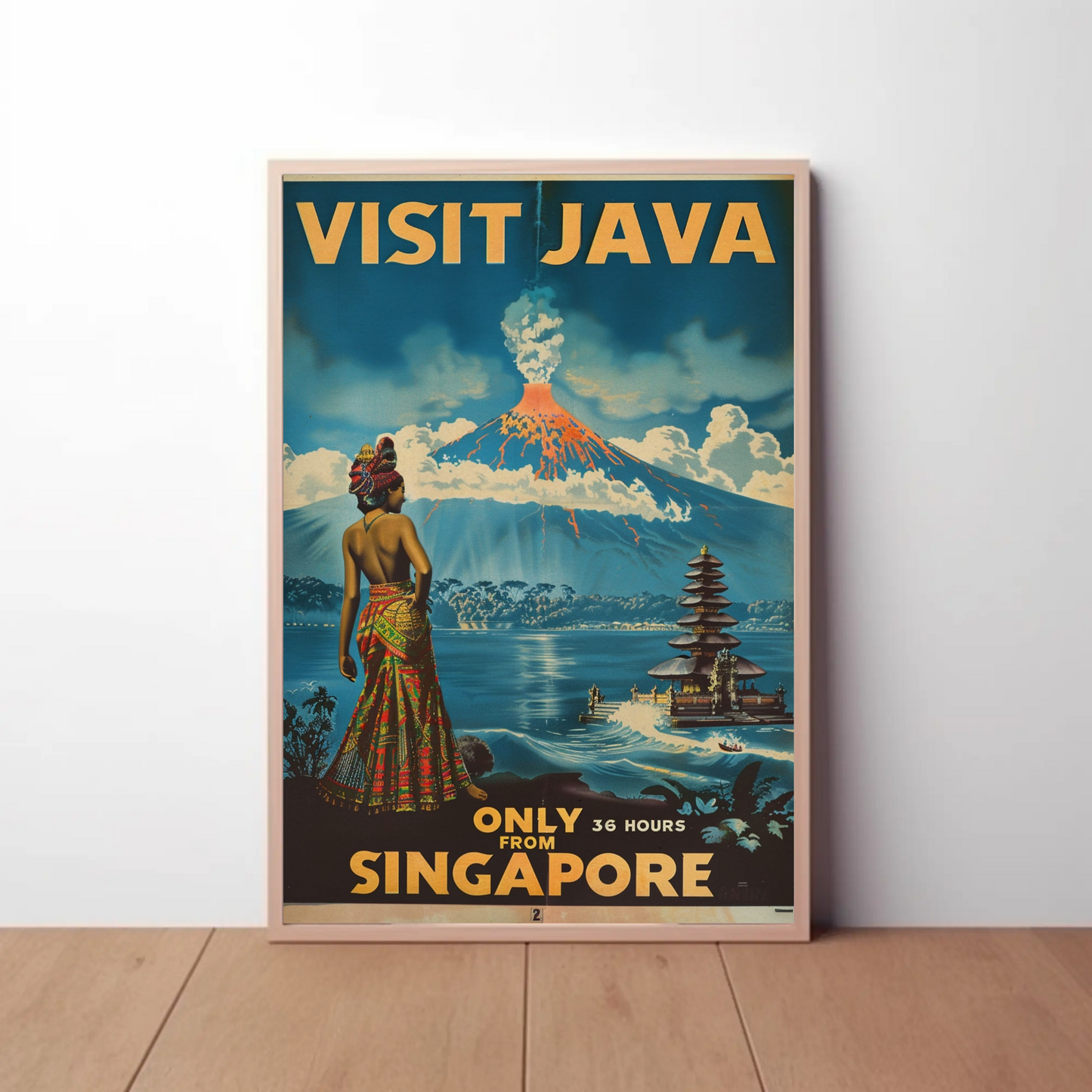 Visit Java Volcano Temple Woman View Vintage Travel Poster