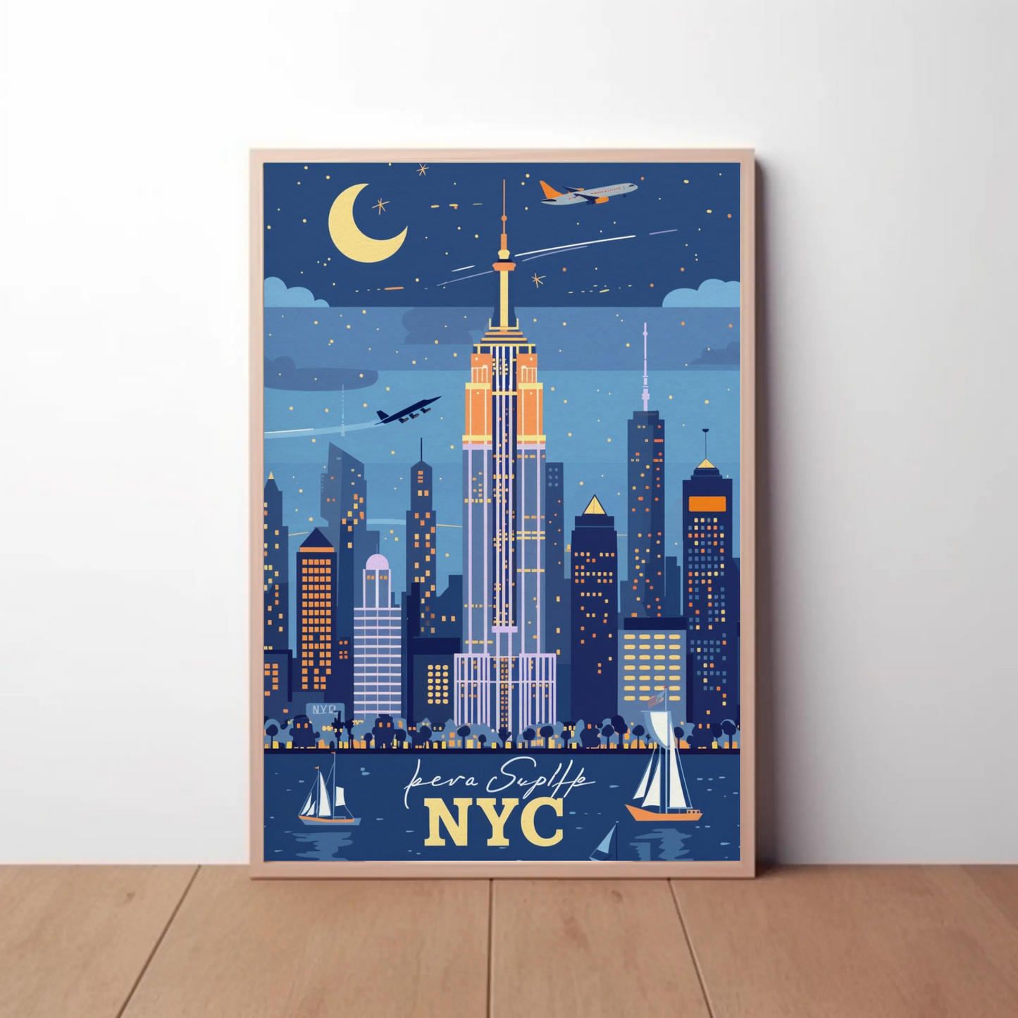 NYC Empire State Building Night Vintage Travel Poster