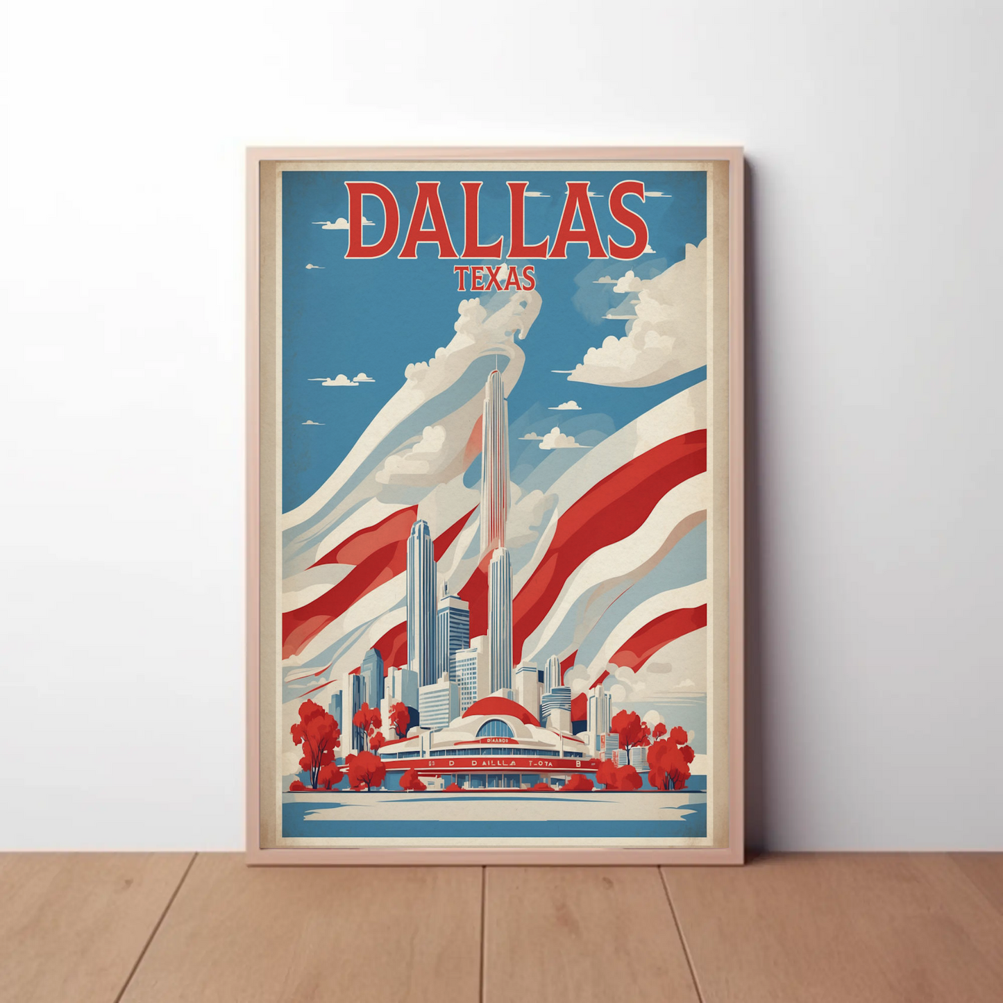 Dallas Texas Skyline Red White Blue Vintage Travel Poster