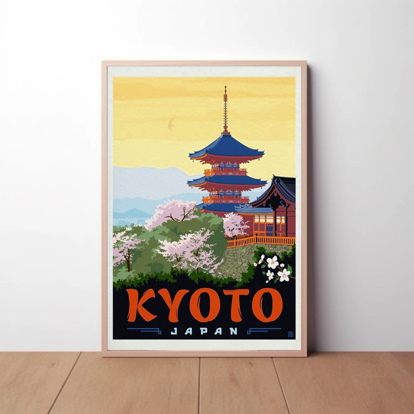 Kyoto Japan Pagoda Cherry Blossoms Temple Scene Vintage Travel Poster