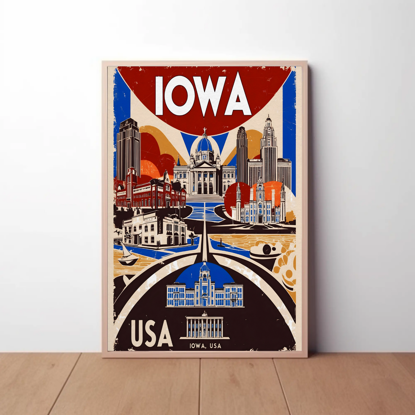 Iowa USA Civic Dome And Skyline Vintage Maroon Travel Poster