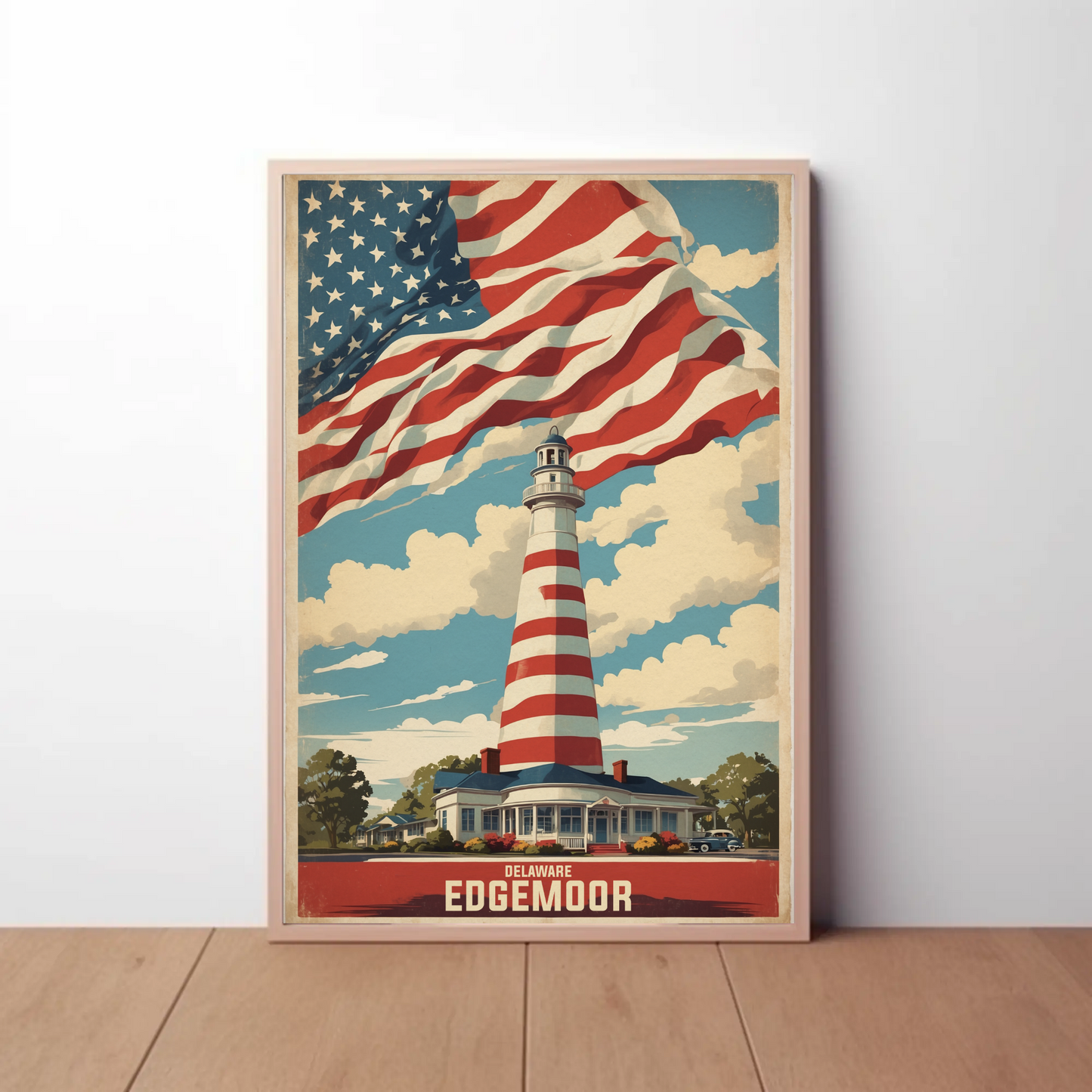 Edgemoor Delaware Lighthouse Pride Vintage Travel Poster