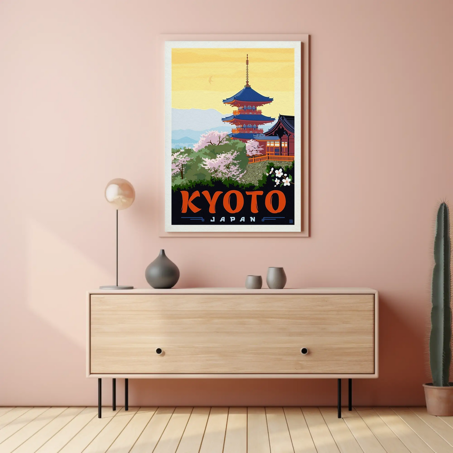 Kyoto Japan Pagoda Cherry Blossoms Temple Scene Vintage Travel Poster