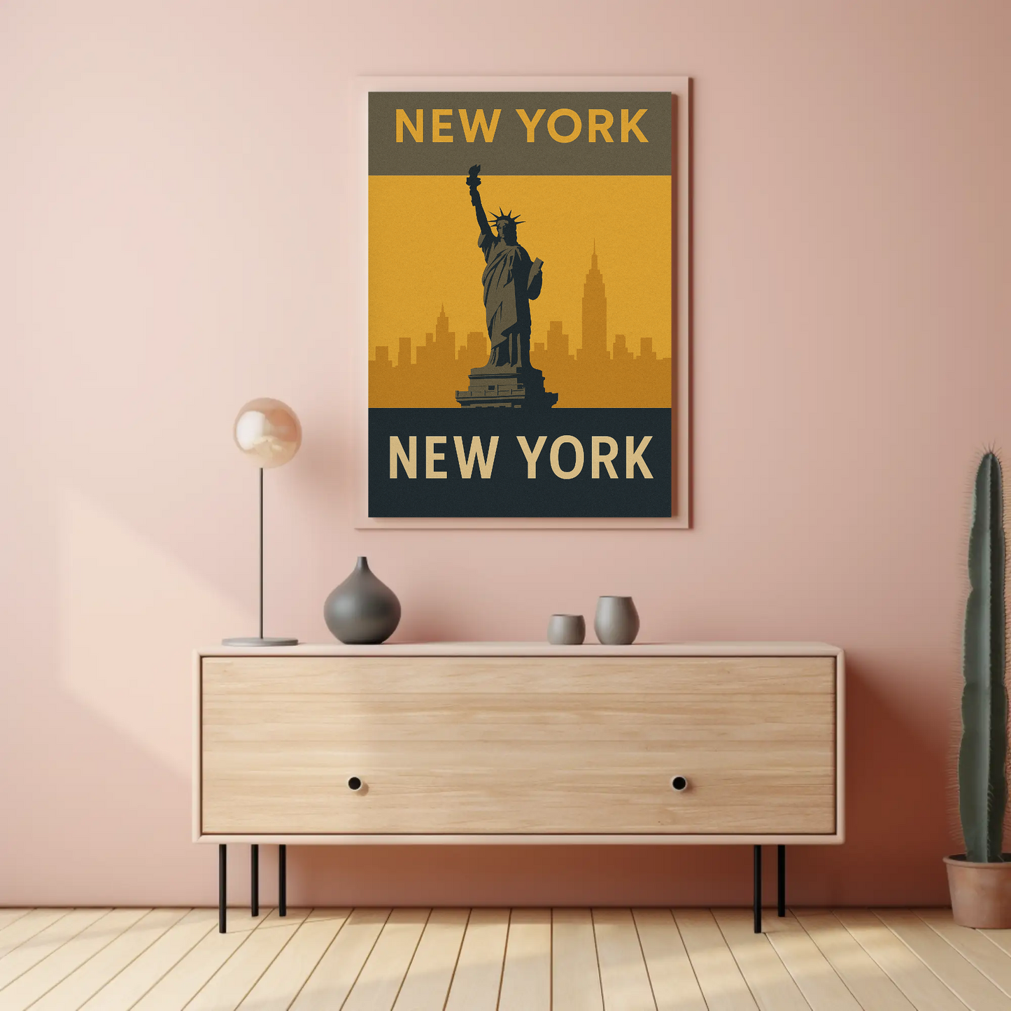 New York City Statue Skyline Yellow Vintage Travel Poster