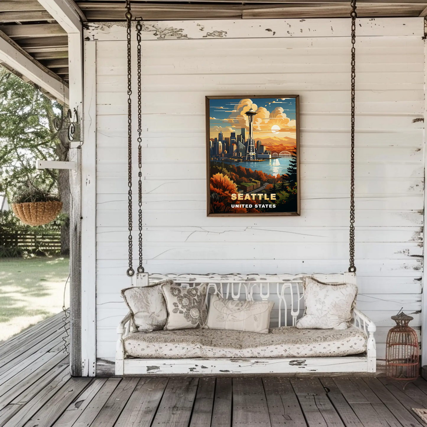 Seattle Space Needle Autumn Sunset Vintage Travel Poster