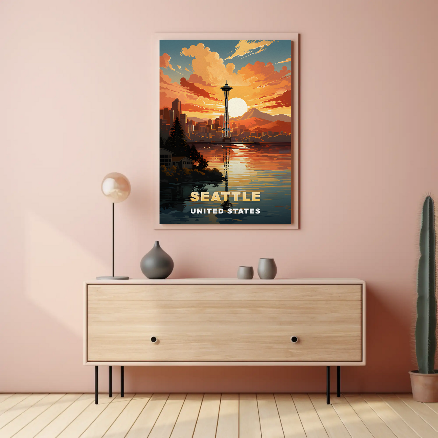Seattle Washington Space Needle Sunset Vintage Travel Poster
