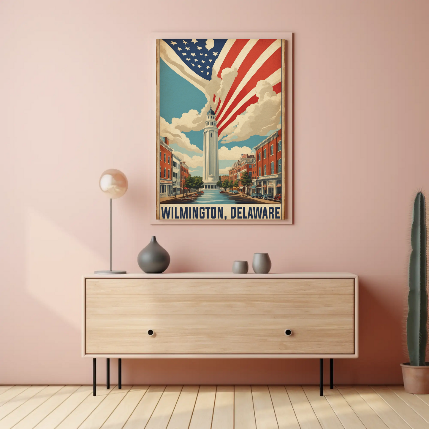 Wilmington Delaware Tower And Flag Streetscape Vintage Travel Poster