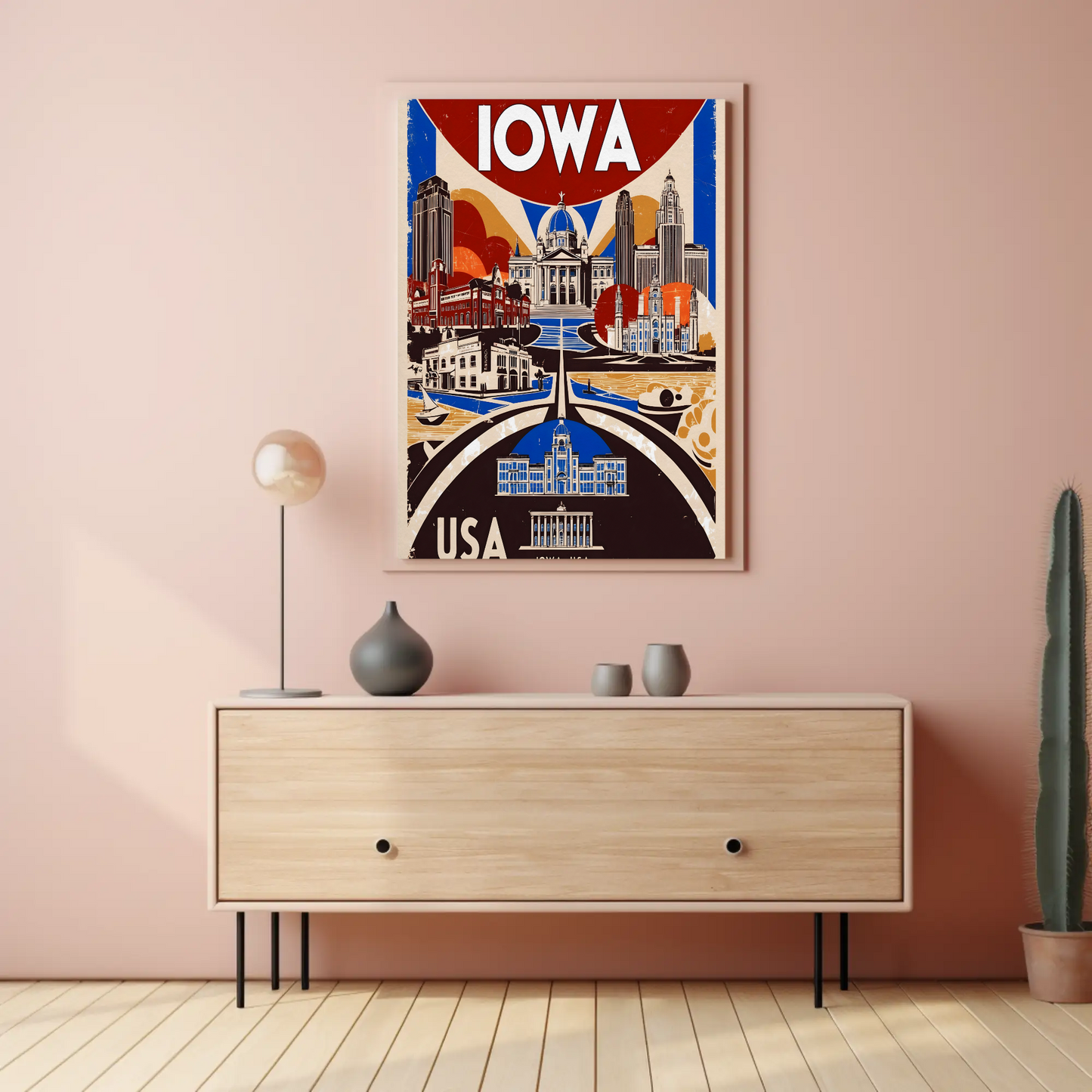 Iowa USA Civic Dome And Skyline Vintage Maroon Travel Poster