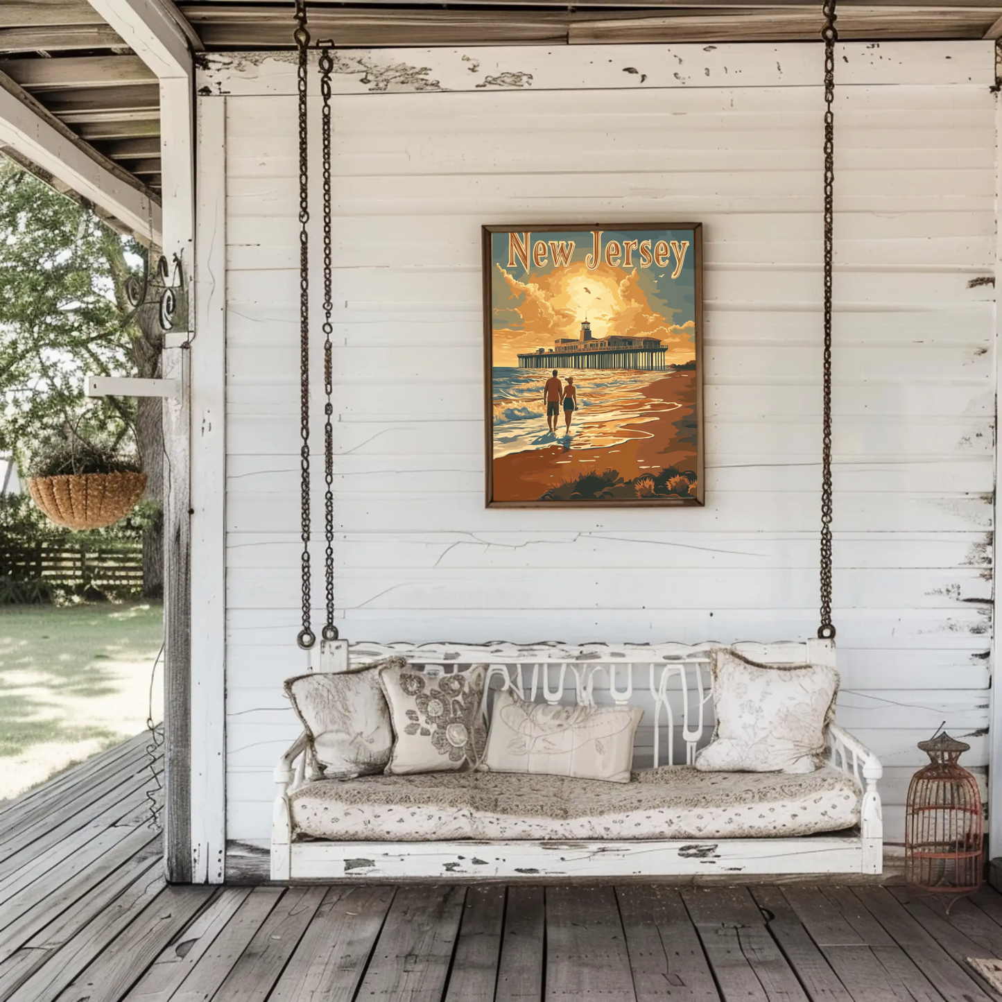 New Jersey Vintage Poster - Sunset at the Pier