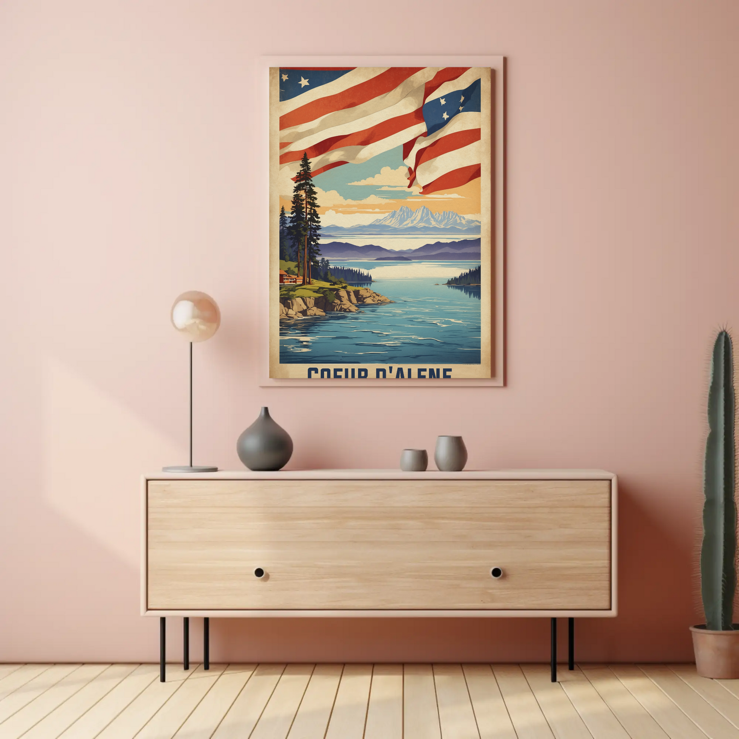 Coeur d'Alene Idaho Lake Mountains Flag Vintage Travel Poster