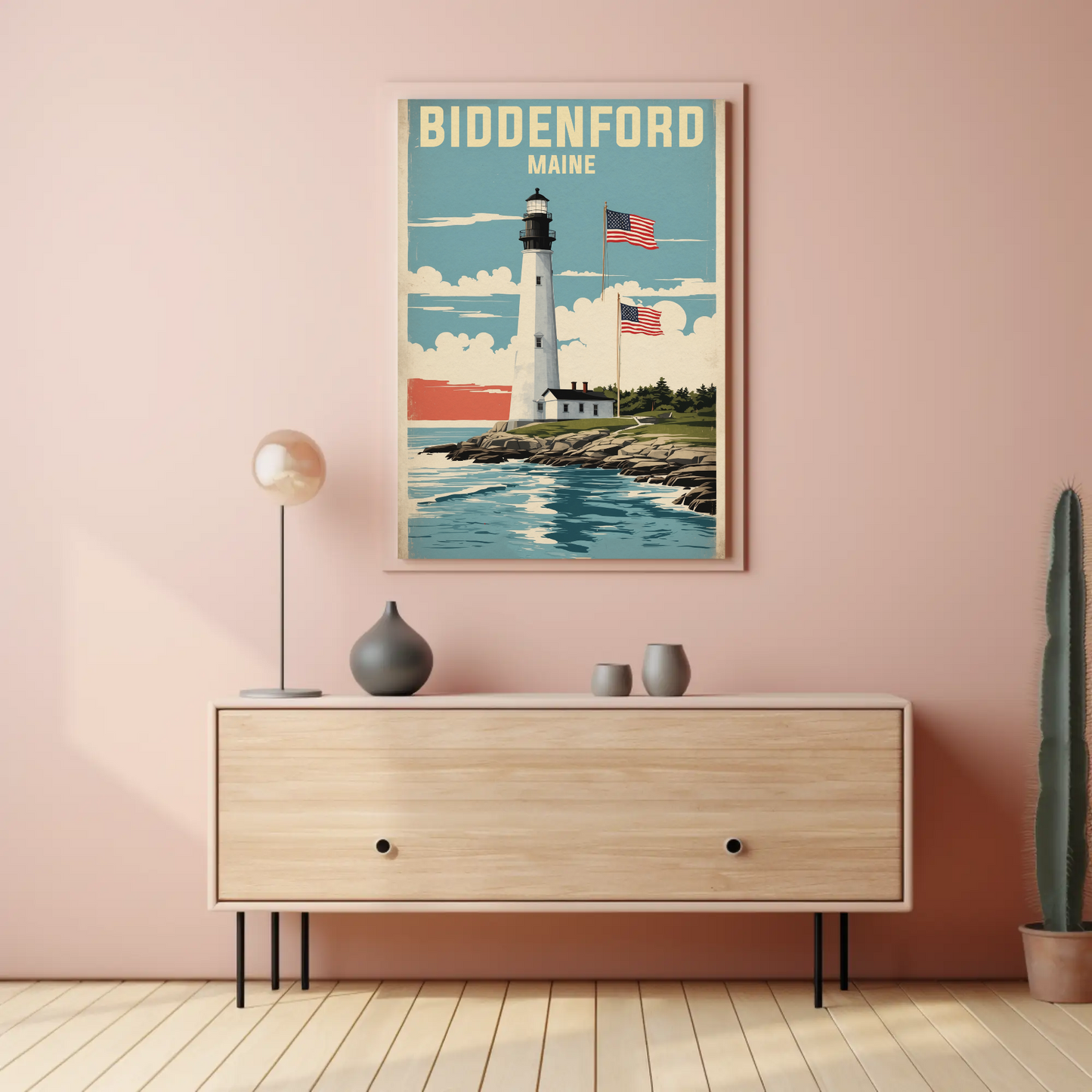 Biddeford Maine Seaside Lighthouse Vintage Travel Poster