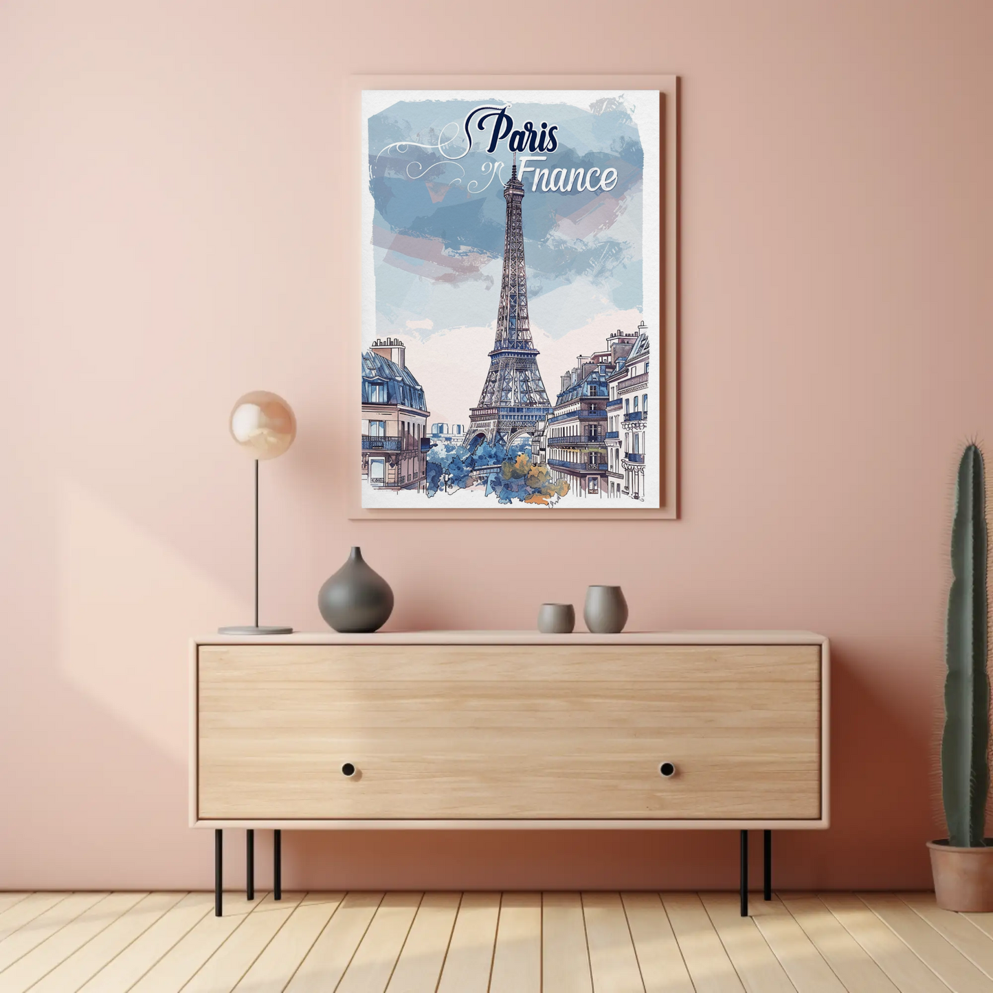 Paris France Watercolor Eiffel Tower View