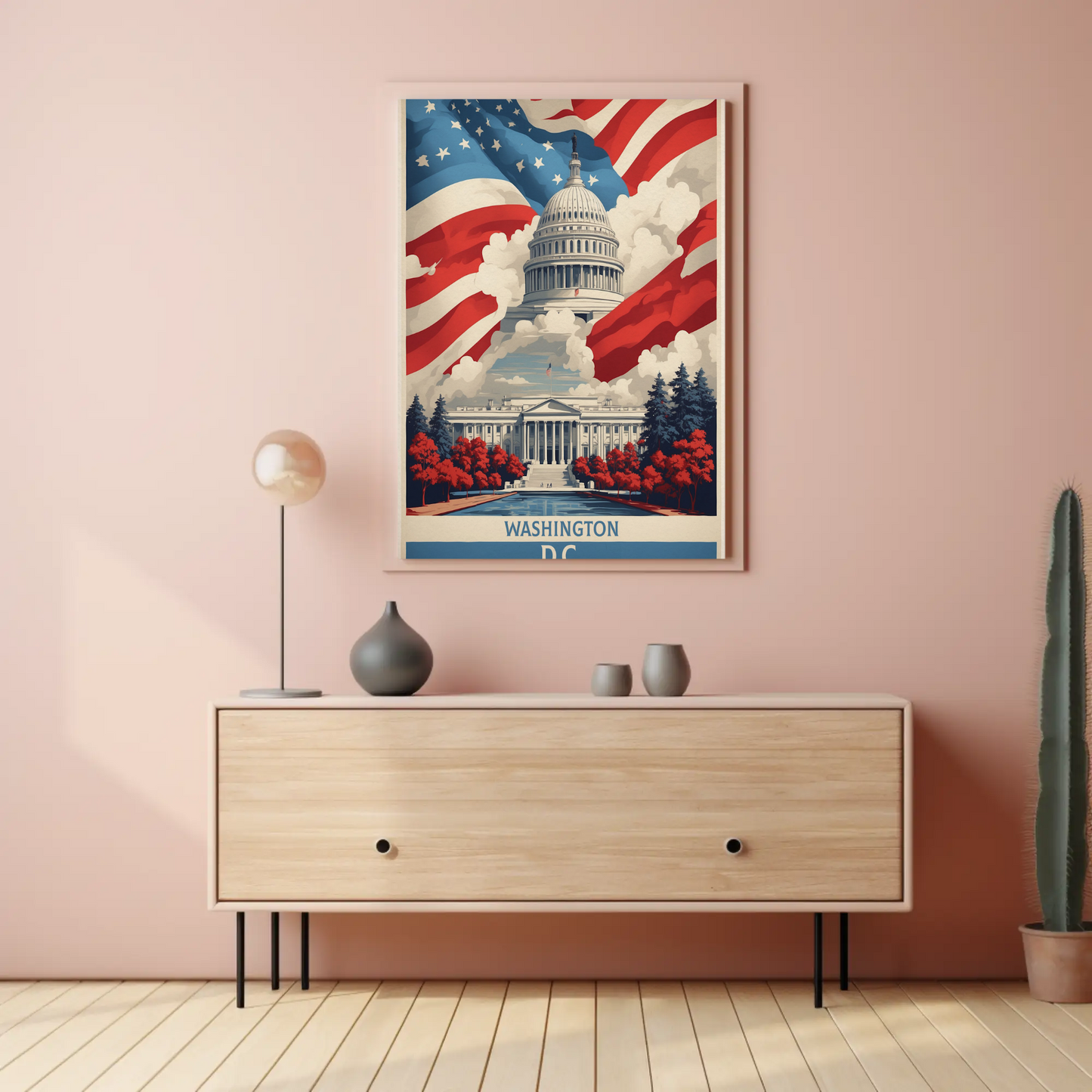 Washington D.C. Capitol American Flag Clouds Vintage Travel Poster