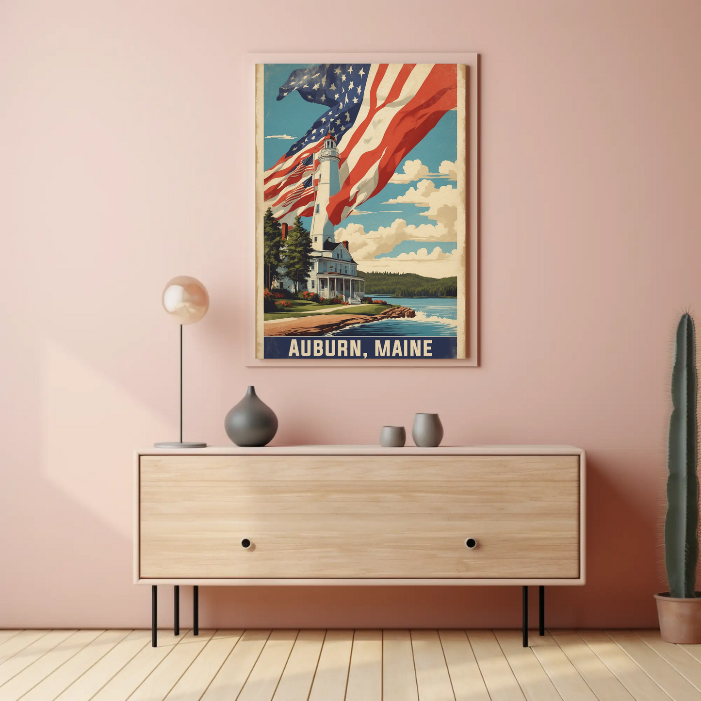 Auburn Maine Lighthouse Coastal Home Vintage Travel Poster