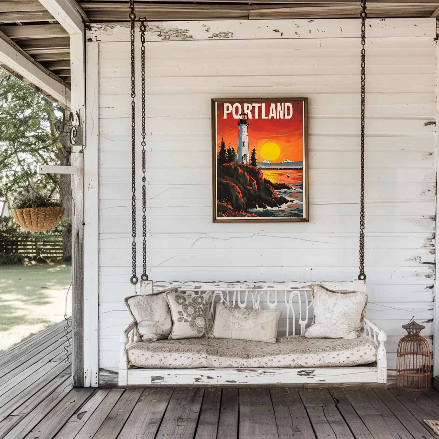 Portland Vintage Poster - Lighthouse at Sunset