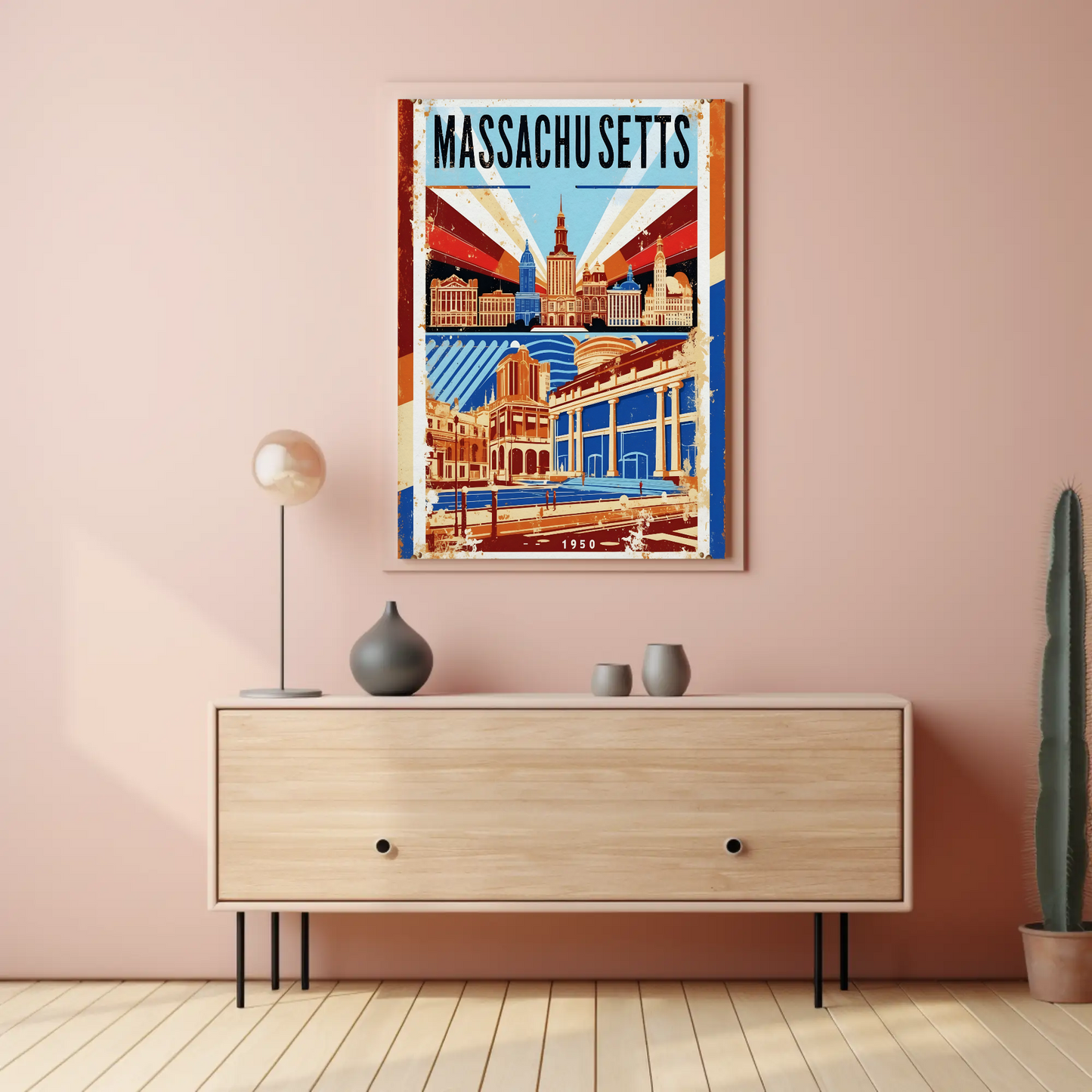 Massachusetts USA 1950 Capitol Skyline Vintage Travel Poster