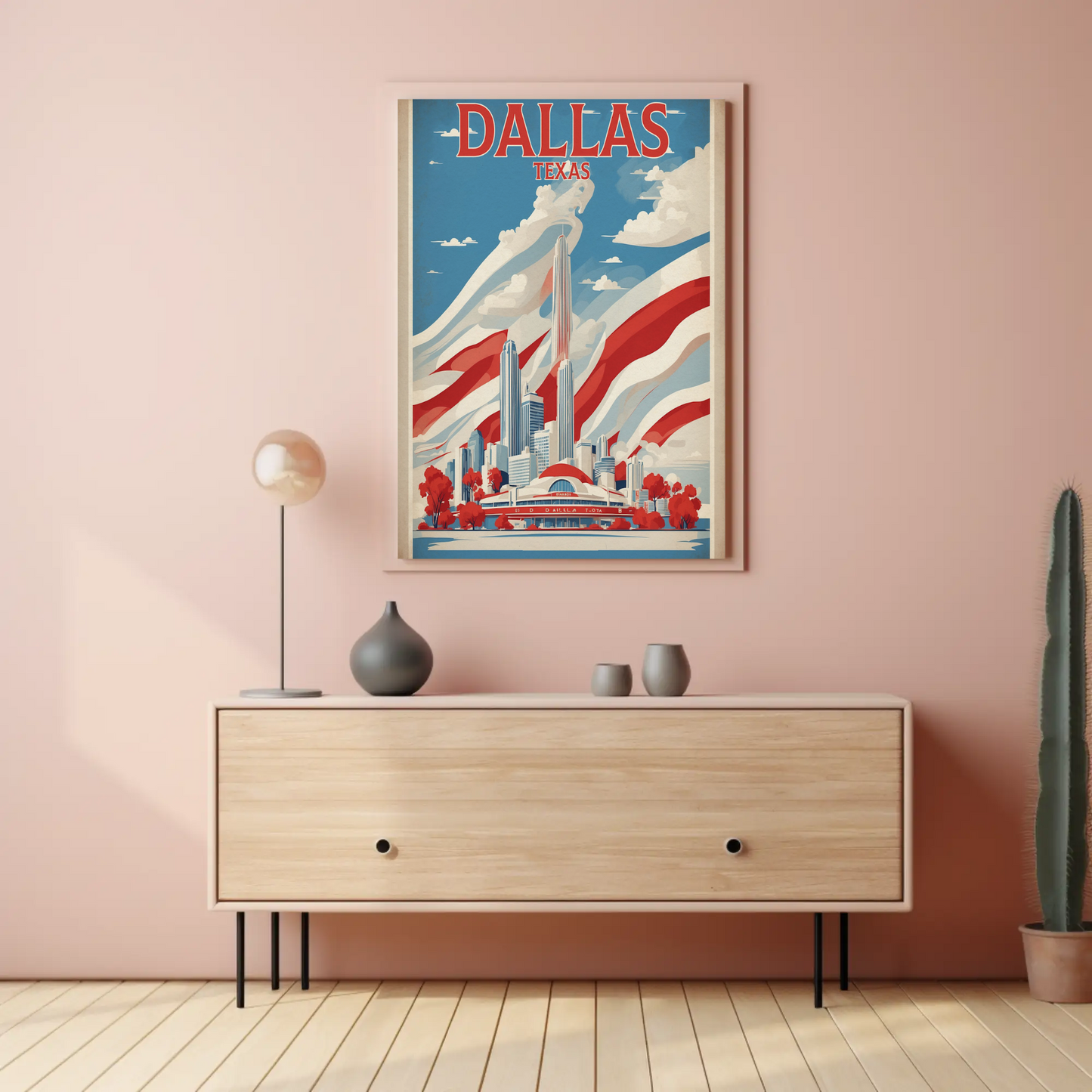 Dallas Texas Skyline Red White Blue Vintage Travel Poster