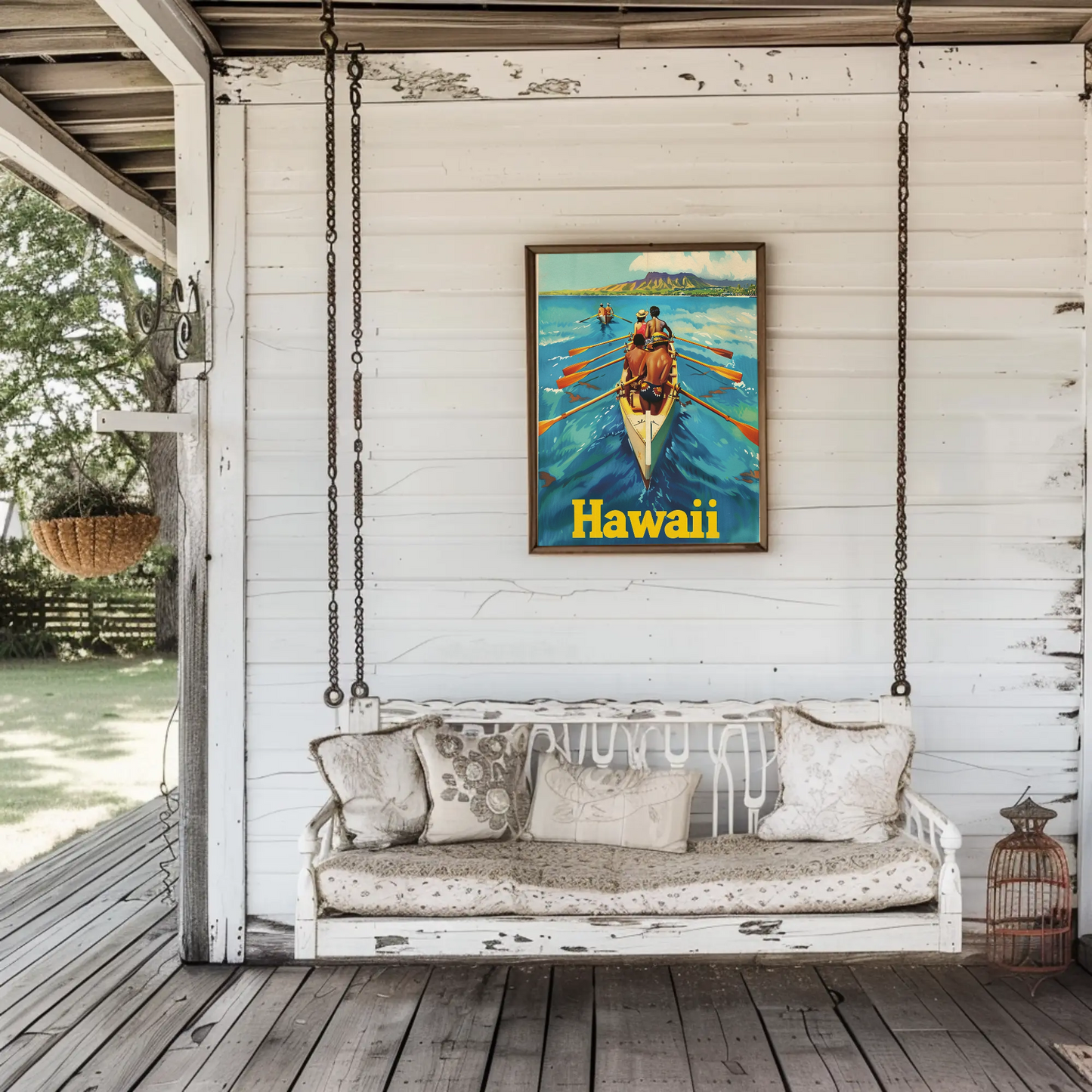 Vintage Travel Poster - Hawaii Rowing Canoe
