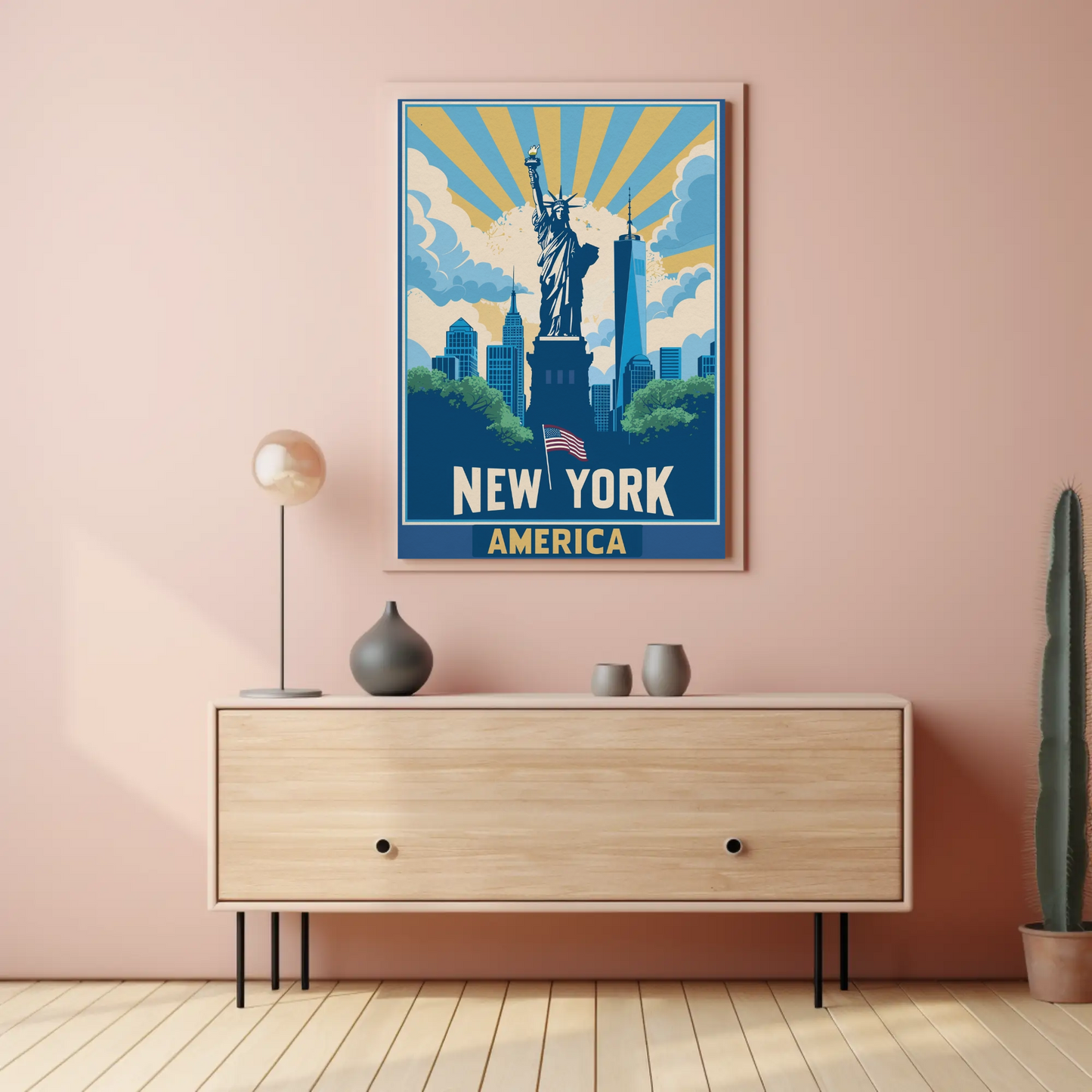 New York America Skyline Liberty Sunrise Vintage Travel Poster