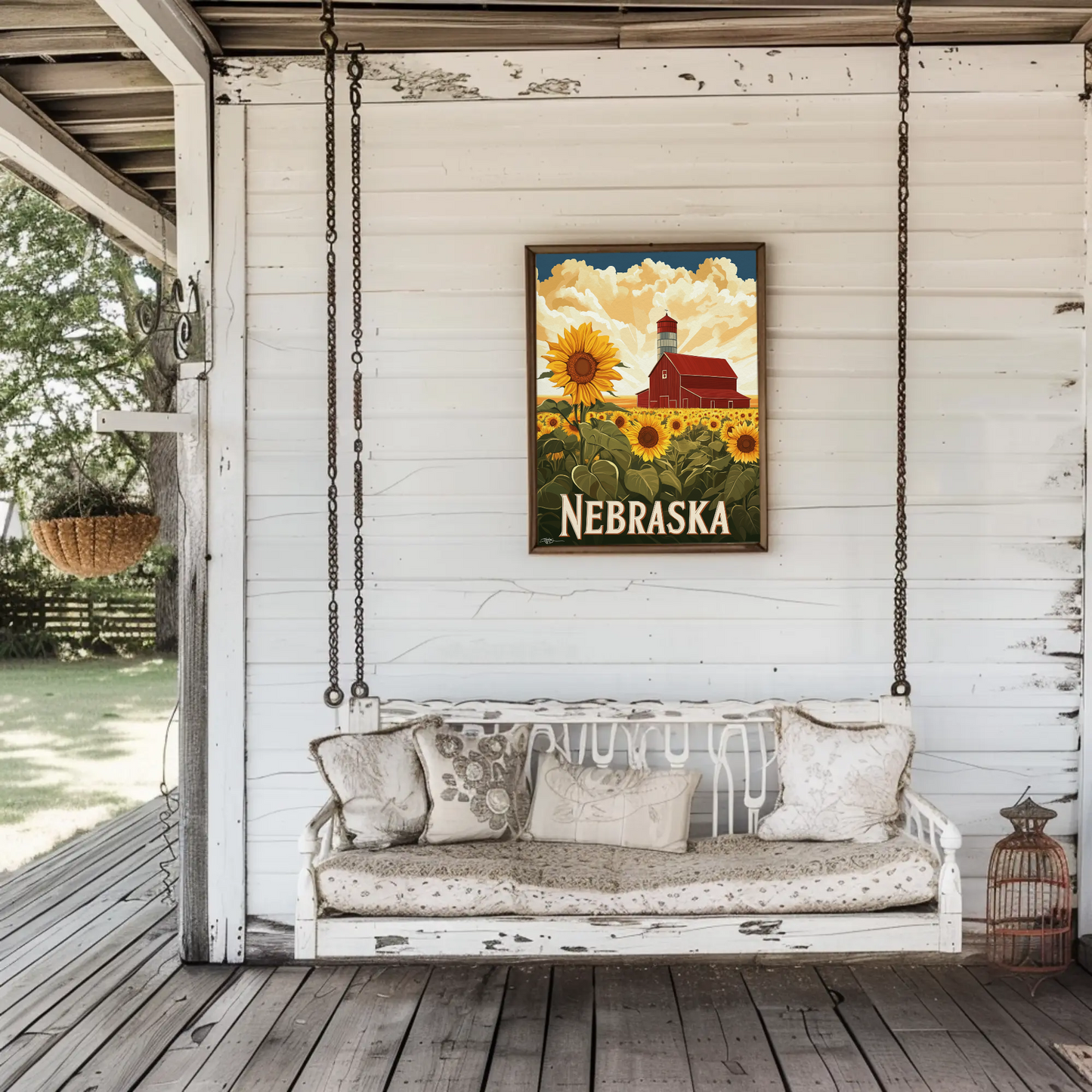 Nebraska Vintage Poster - Sunflower Barn