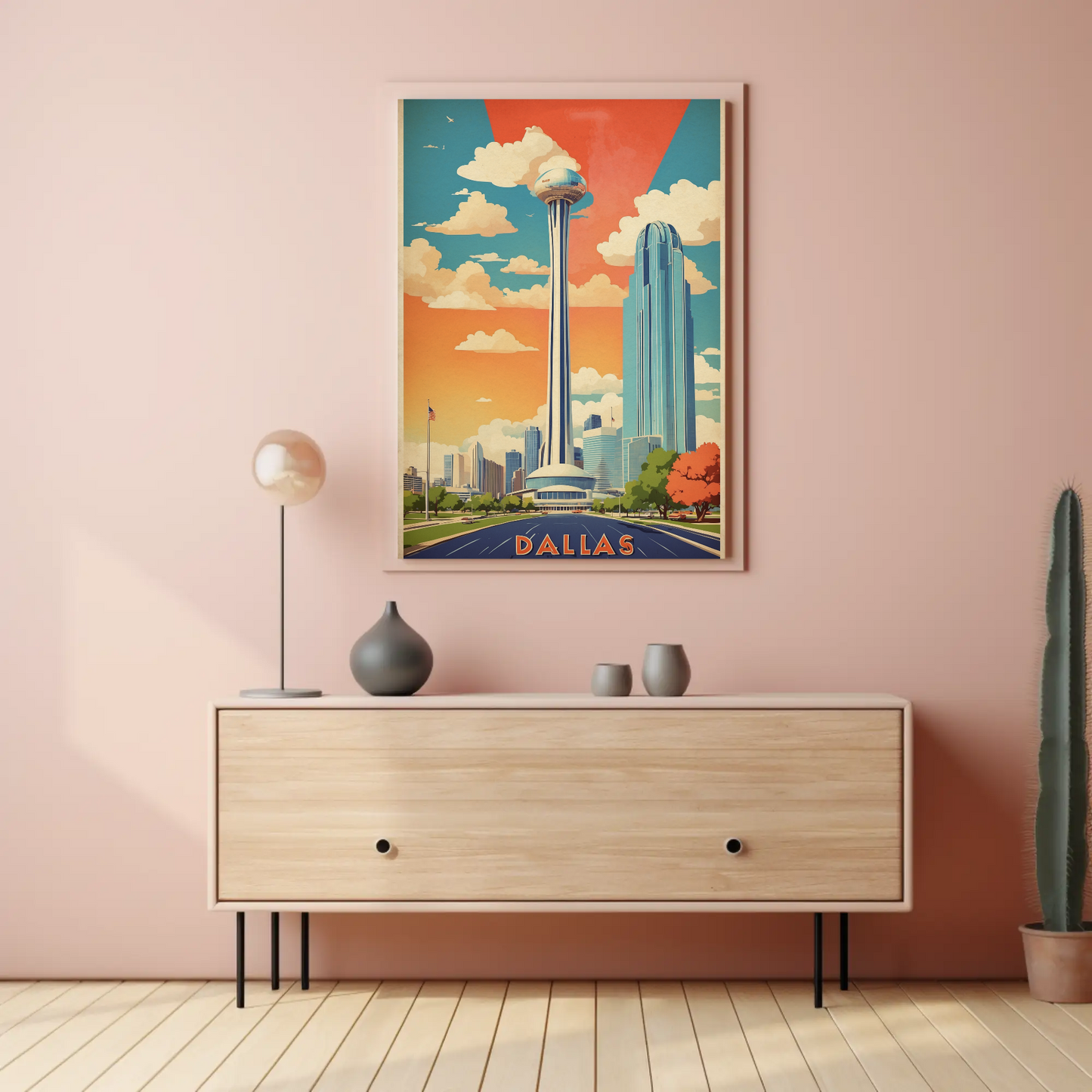 Dallas Texas Skyline Reunion Tower Vintage Travel Poster