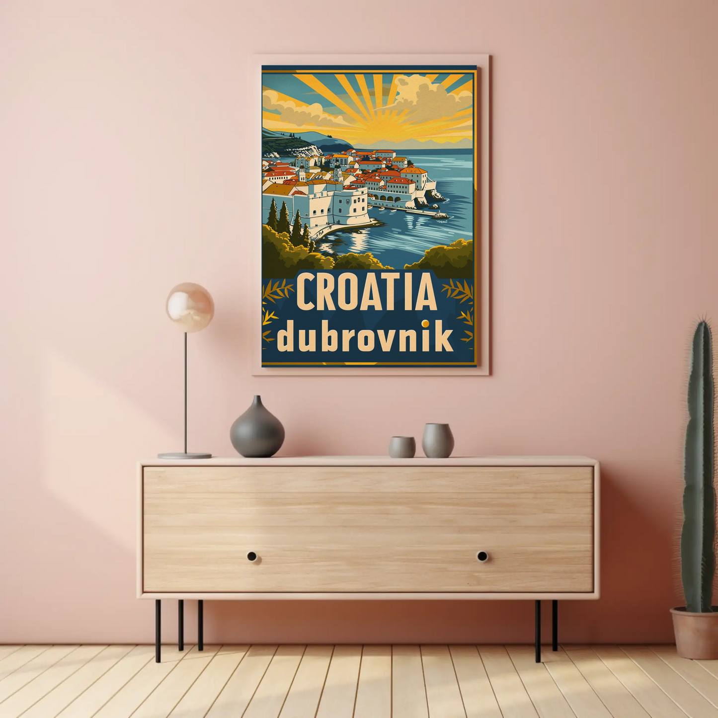 Croatia Dubrovnik Sunset Coastline Vintage Travel Poster