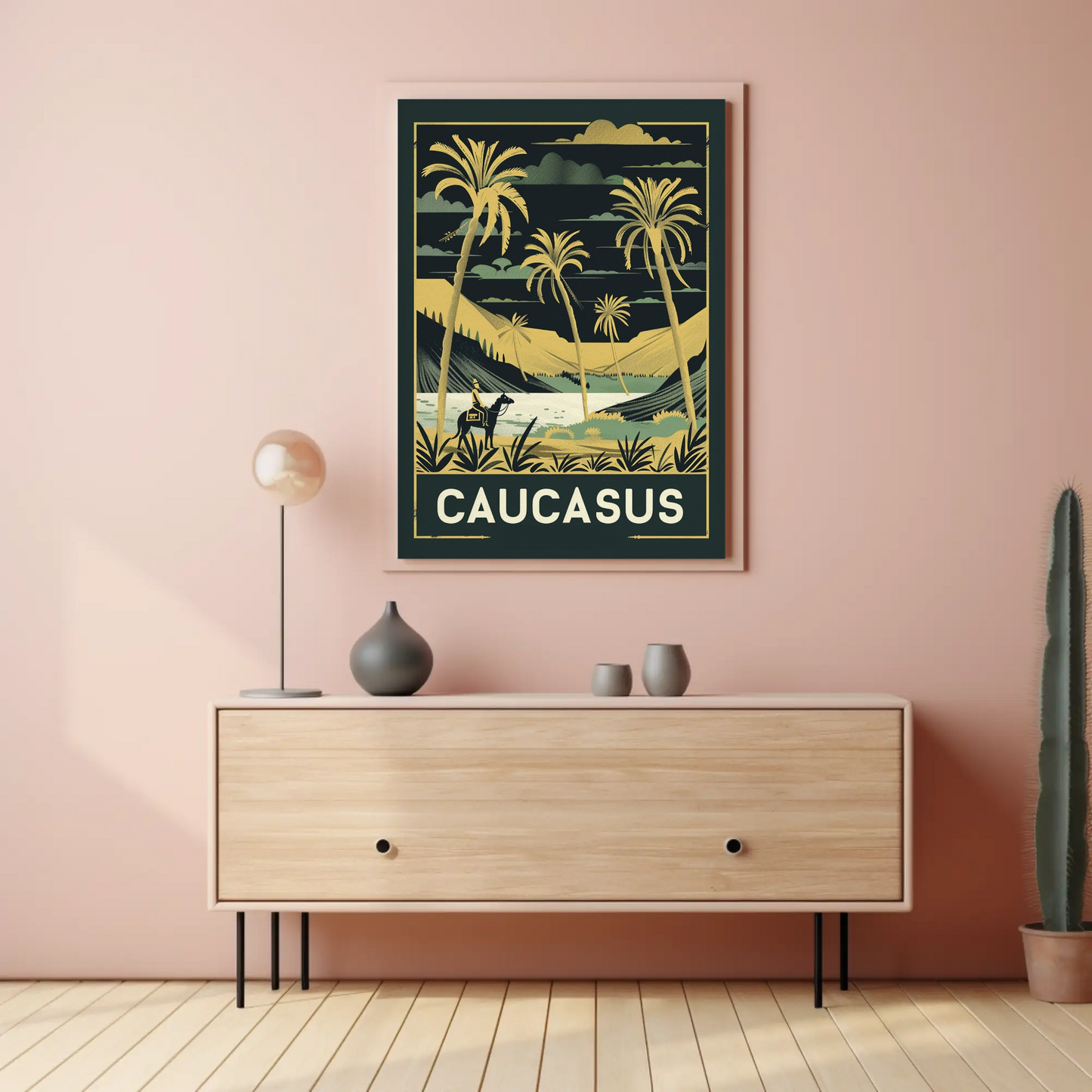 Caucasus Desert Palms Camel Rider Landscape Vintage Travel Poster