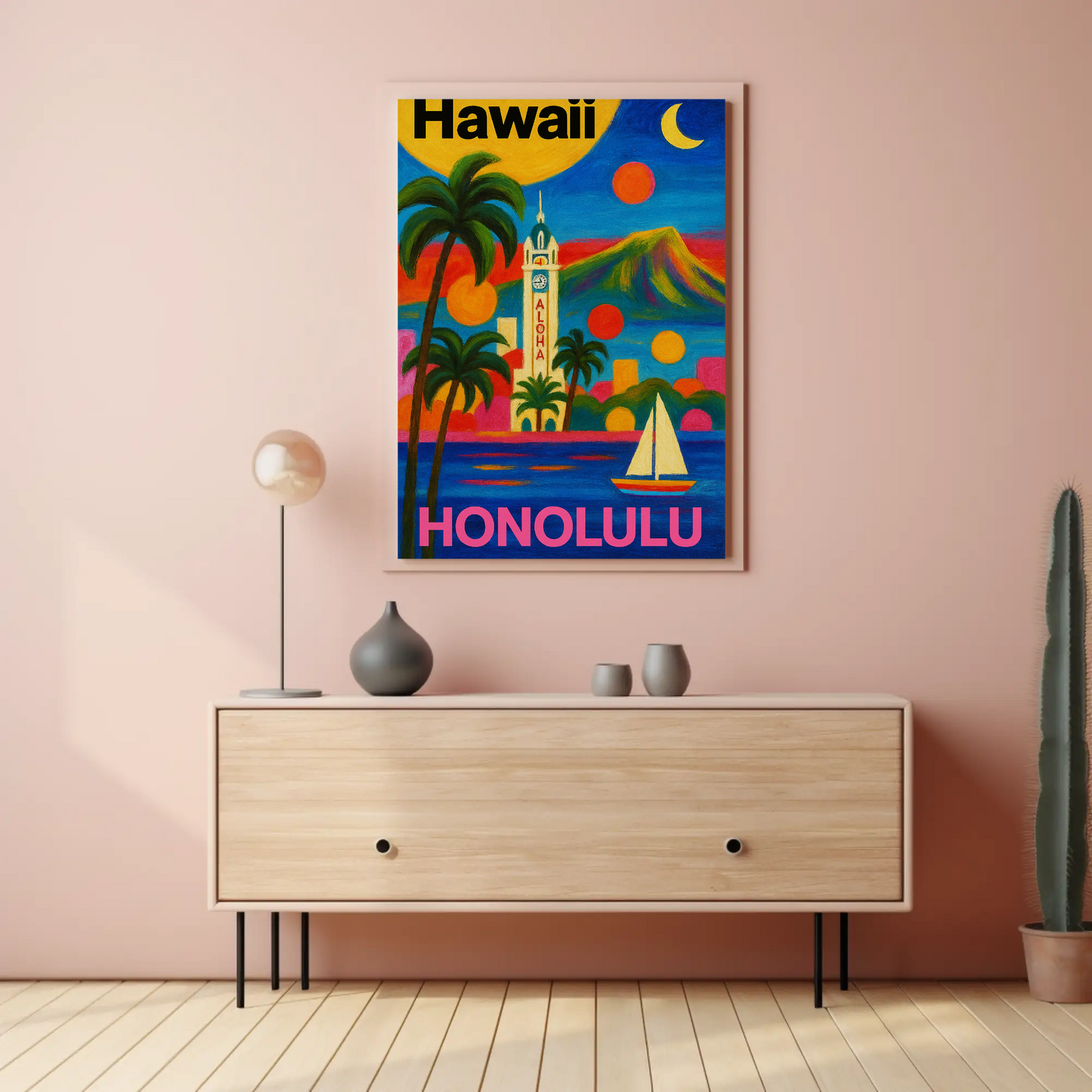 Honolulu Hawaii Skyline Retro Vintage Travel Poster