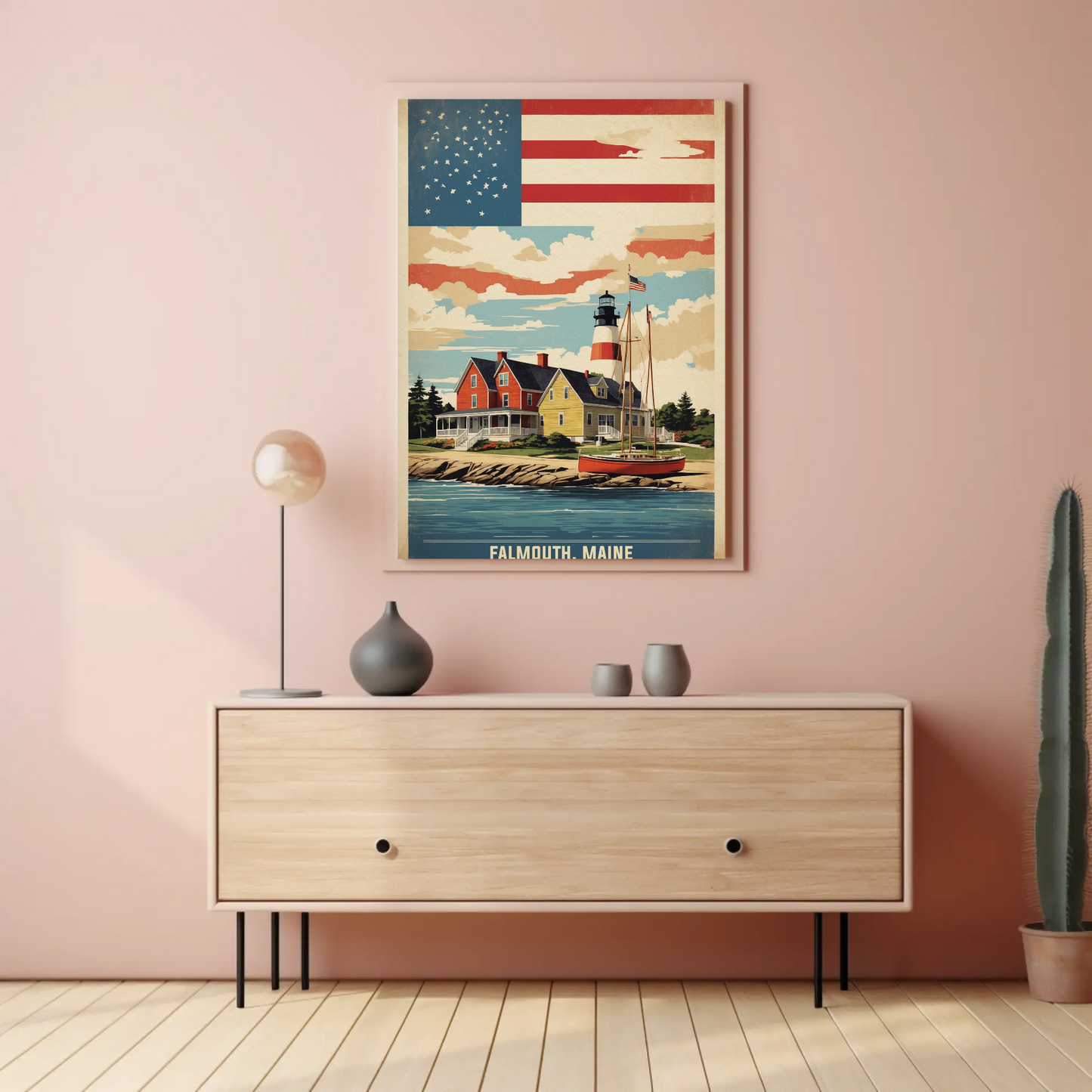 Falmouth Maine Lighthouse Harbor Scene Vintage Travel Poster